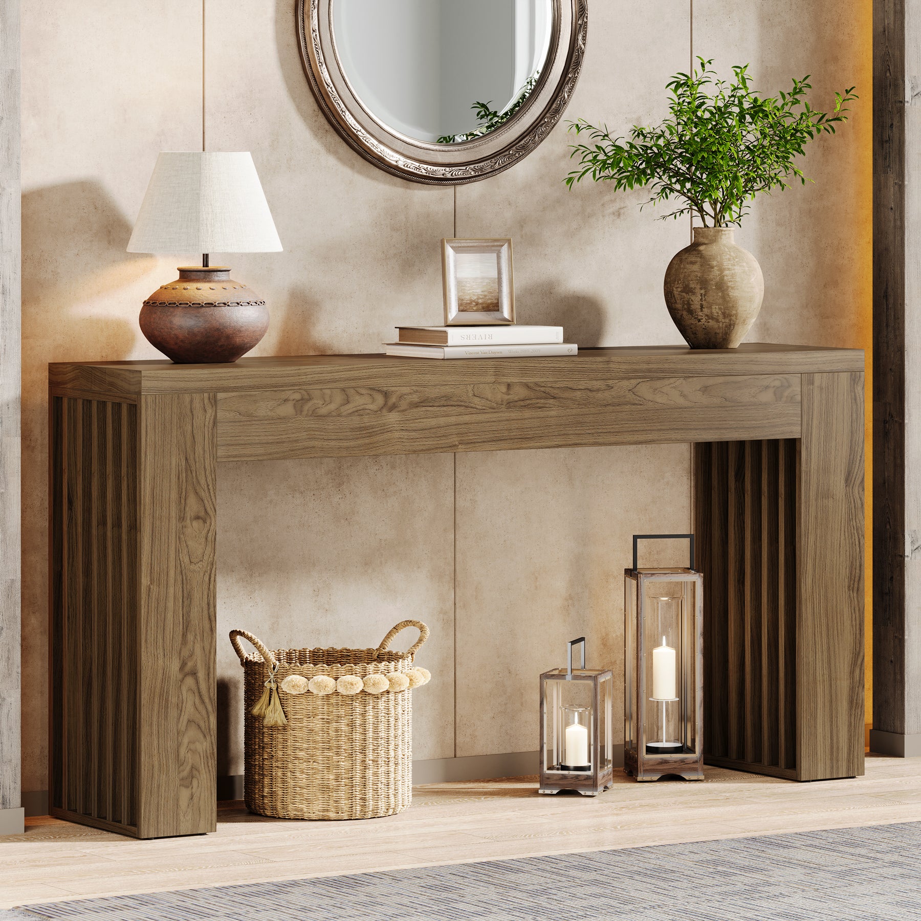 150 cm Lange Houten Salontafel achter de Bank, Consoletafel met Verticale Lattenpoten