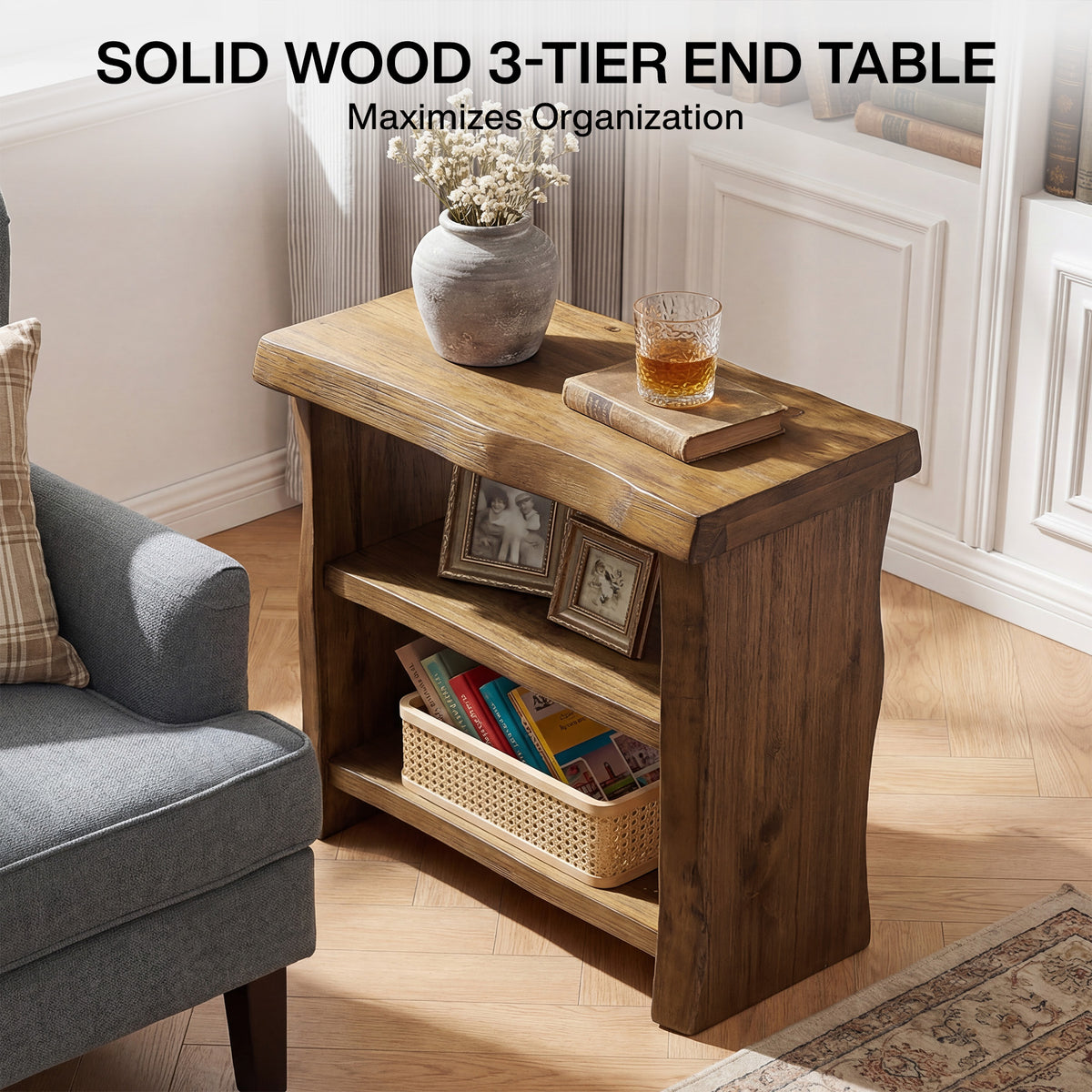 60 cm Tribesigns massief houten bijzettafel met 3 niveaus, smalle tafel met golvende randen voor de woonkamer