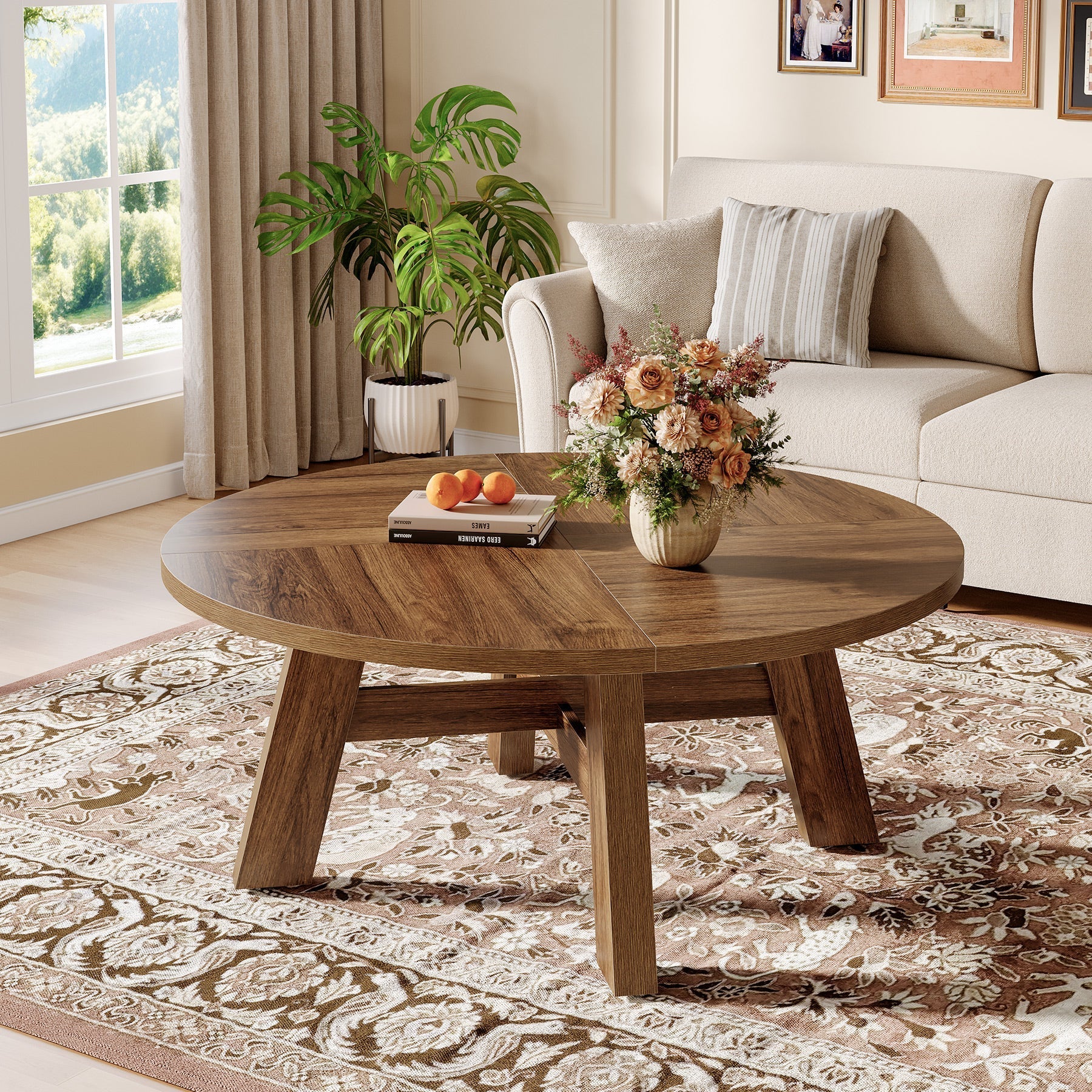 100 cm Ronde Midden-Eeuwse Moderne Salontafel met Kruisversteviging, Lage Houten Center Tafel