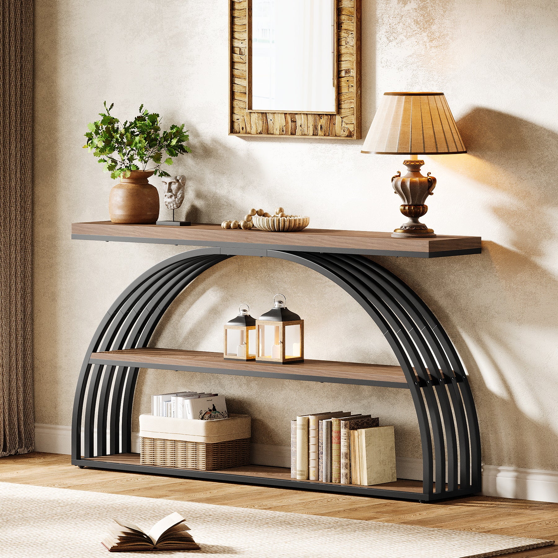 Consoletafel van 160 cm in Rustiek Bruin met Gebogen Frame, Industriële 3-Lagen Hal- en Banktafel voor Woonkamer en Entree