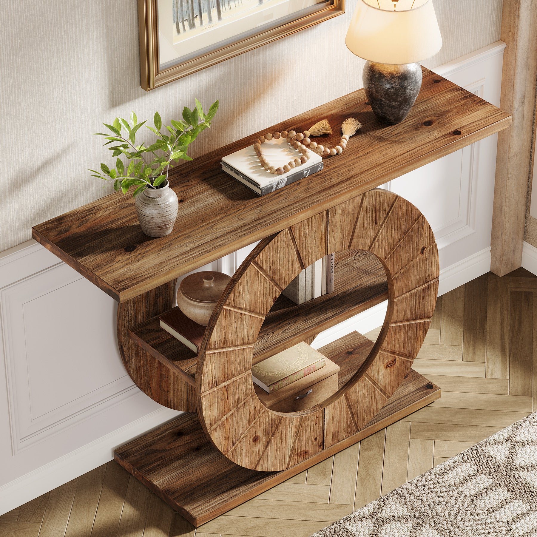 105 cm Massief Houten Consoletafel met 3 Planken en Ronde Basis