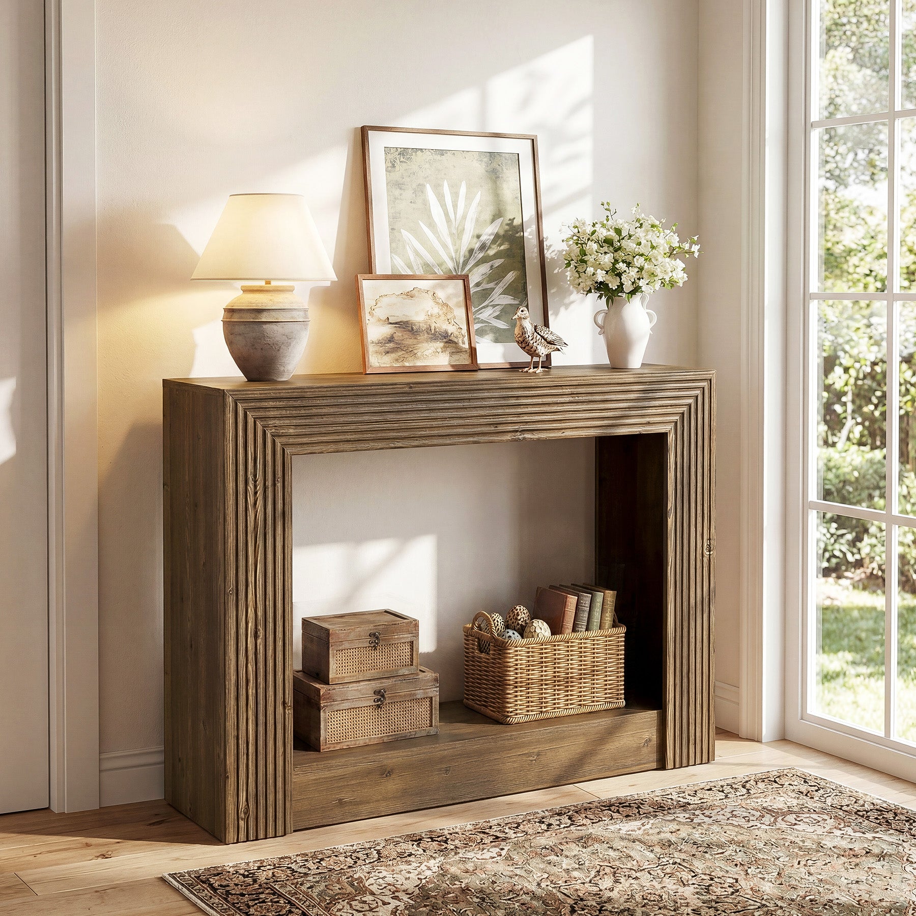 105 cm farmhouse consoletafel met opbergruimte, smalle 2-laagse sidetable voor entree of achter de bank