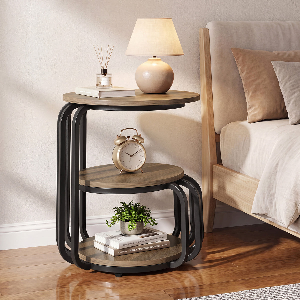 50 x 50 x 60 cm ronde bijzettafel met 3-laags opbergrek, industriële sidetable met metalen frame