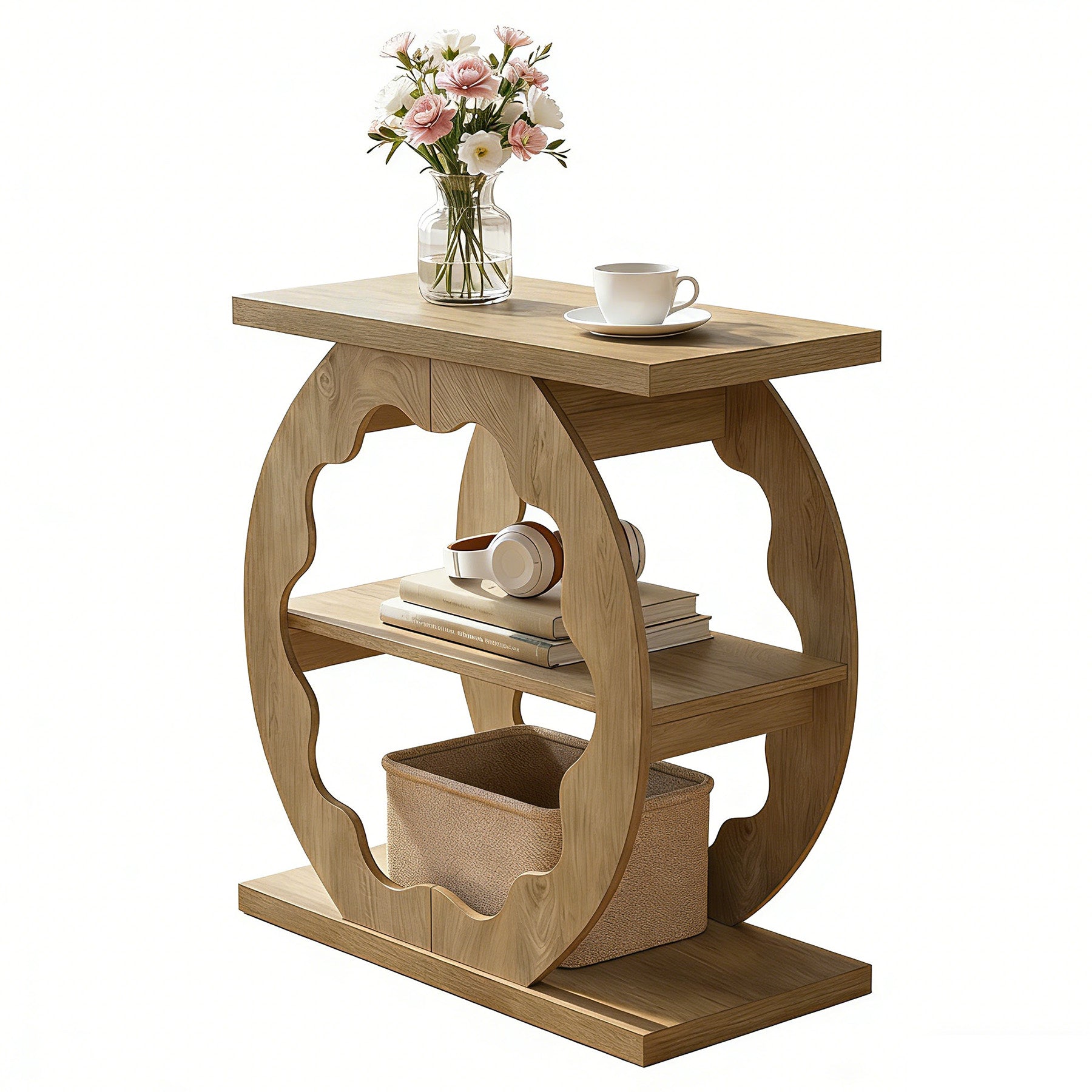 60 cm Smalle Bijzettafel met 3 Niveaus en Opbergrek, Houten Tafel voor Slaapkamer en Kleine Ruimtes