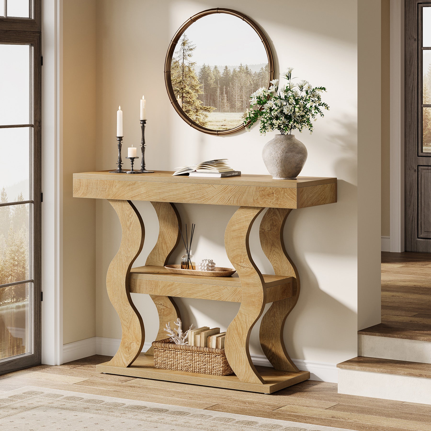 105 cm Smalle Consoletafel met 3 Planken, Houten Haltafel voor Entree