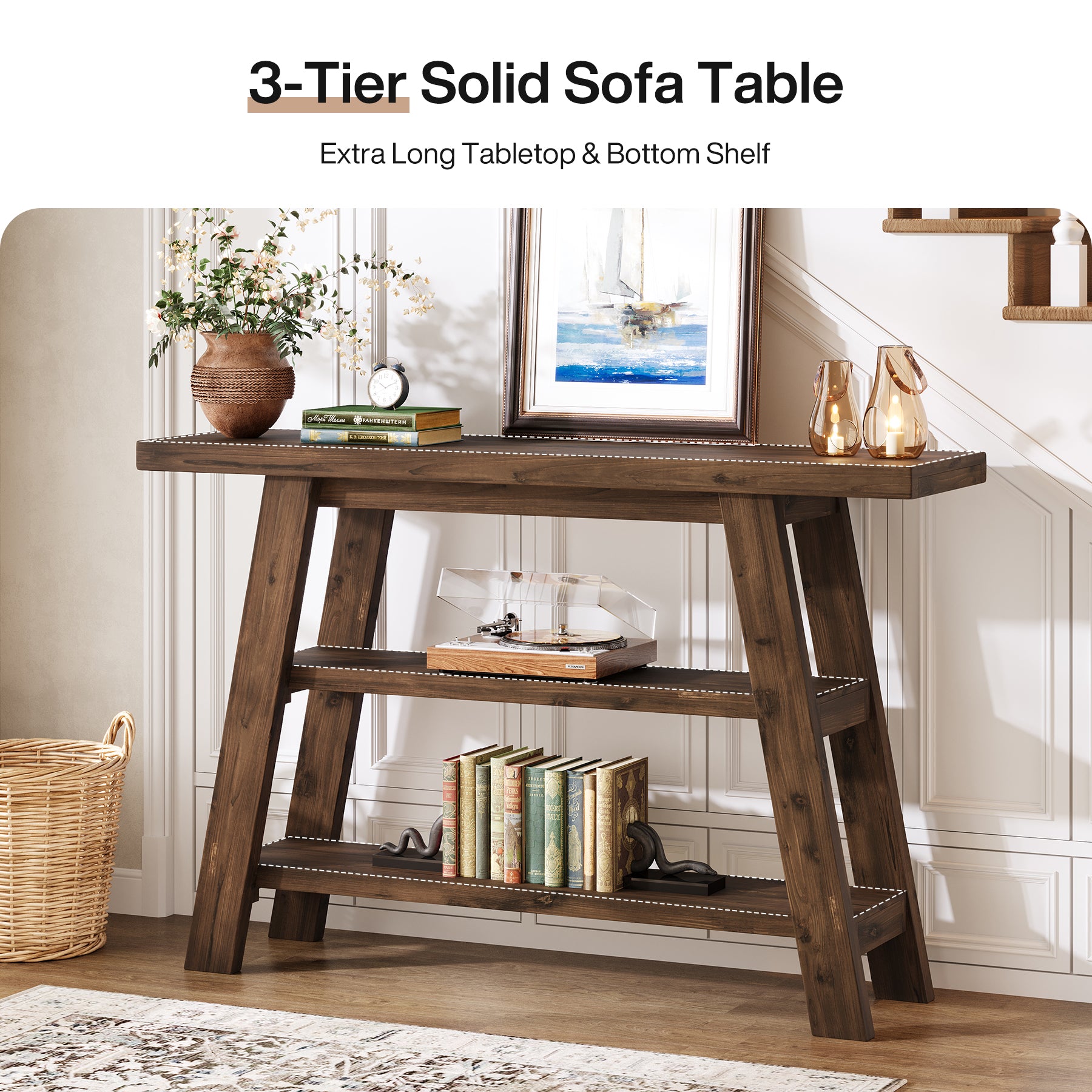 120 cm Tribesigns Massief Houten Consoletafel met 3 Niveaus, Smalle Boerderijstijl Entreetafel voor Hal en Woonkamer