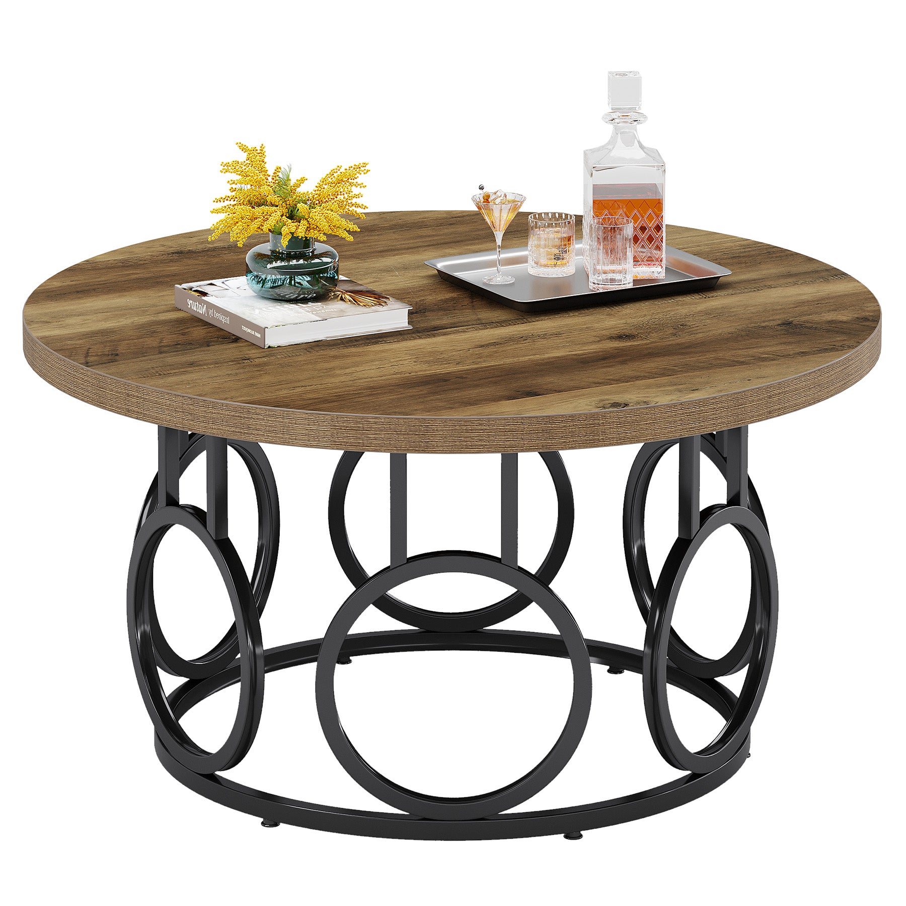 Ronde Salontafel 80 × 80 × 45 cm in Rustiek Hout, Moderne Industriële Tafel met Metalen Onderstel