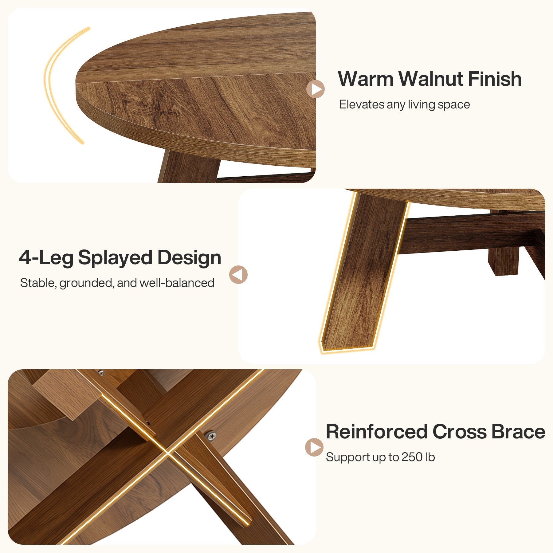 100 cm Ronde Midden-Eeuwse Moderne Salontafel met Kruisversteviging, Lage Houten Center Tafel