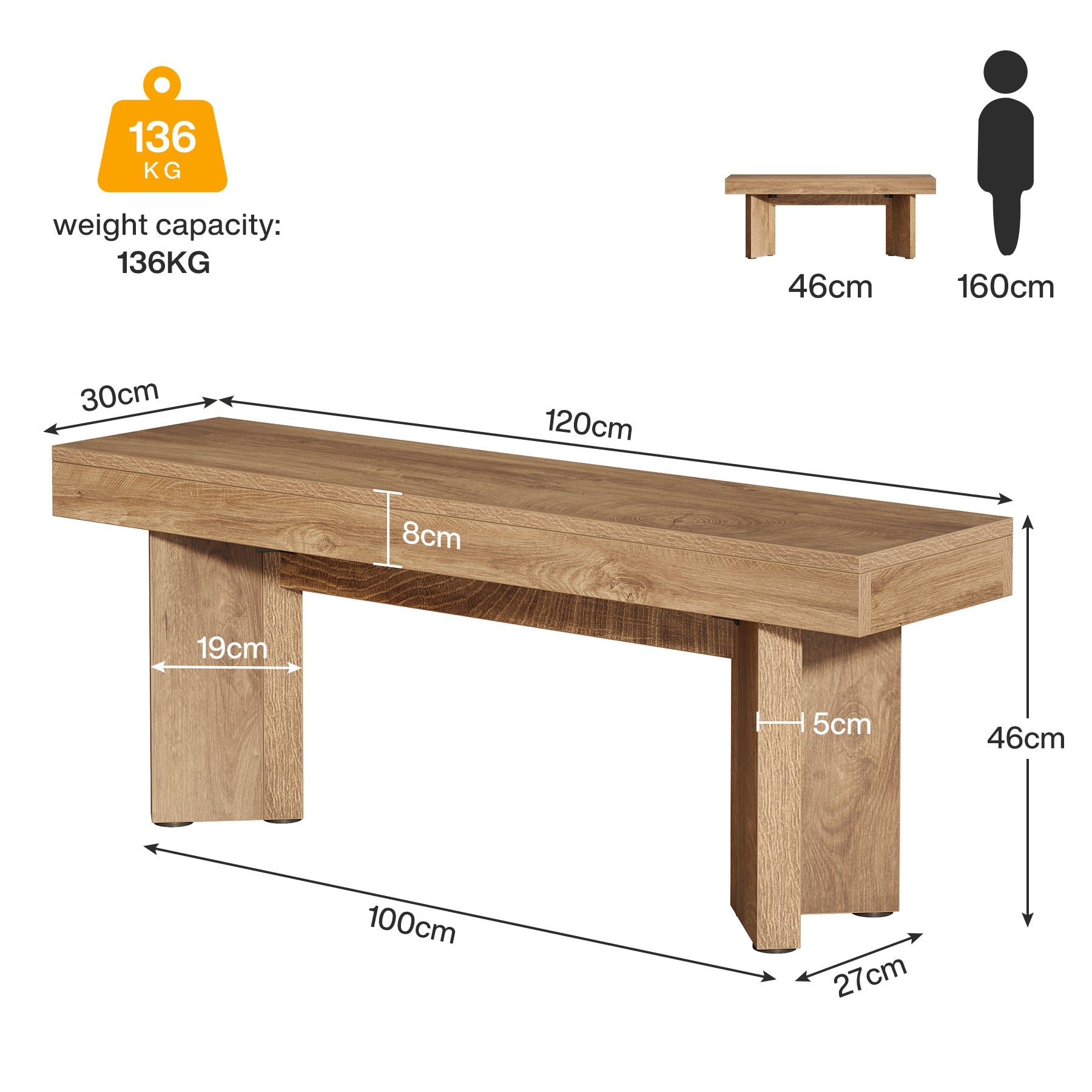 Tribesigns zitbank van 120 cm in landelijke stijl voor hal, slaapkamer en eetkamer, met V-vormig onderstel