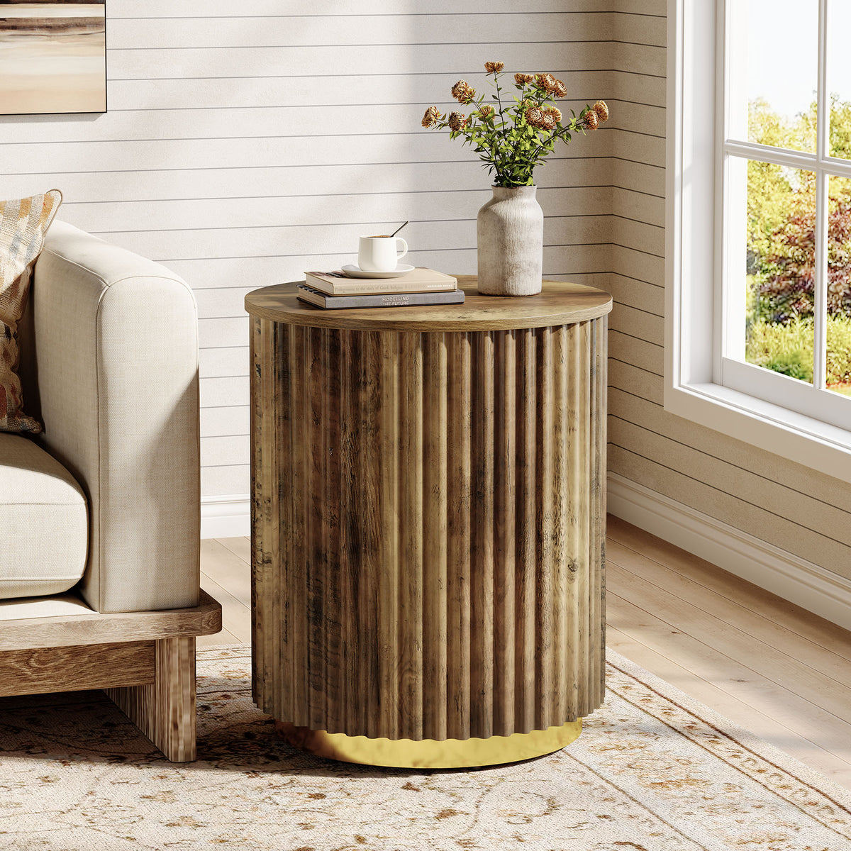 50 cm Tribesigns rond bijzettafeltje met geribbeld design, moderne nachtkastje voor woonkamer en slaapkamer