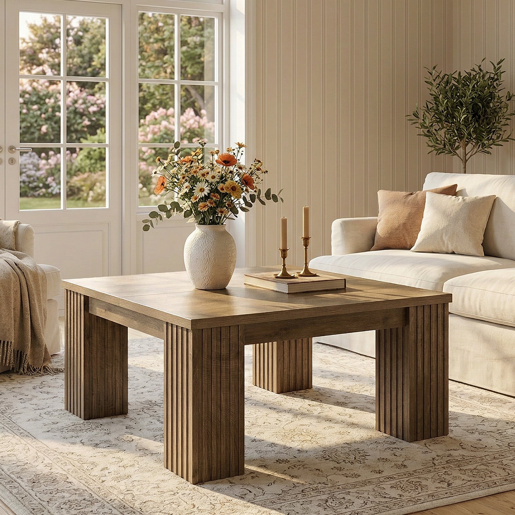 100 cm Vierkante Salontafel met Gefreesde Poten, Landelijke Houten Tafel voor Woonkamer