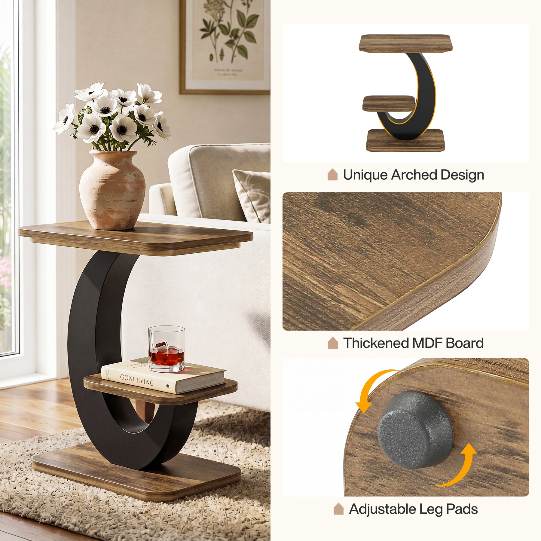 60 cm Smalle Bijzettafel met 2 Niveaus, Industriële Houten Sidetable voor Woonkamer en Slaapkamer