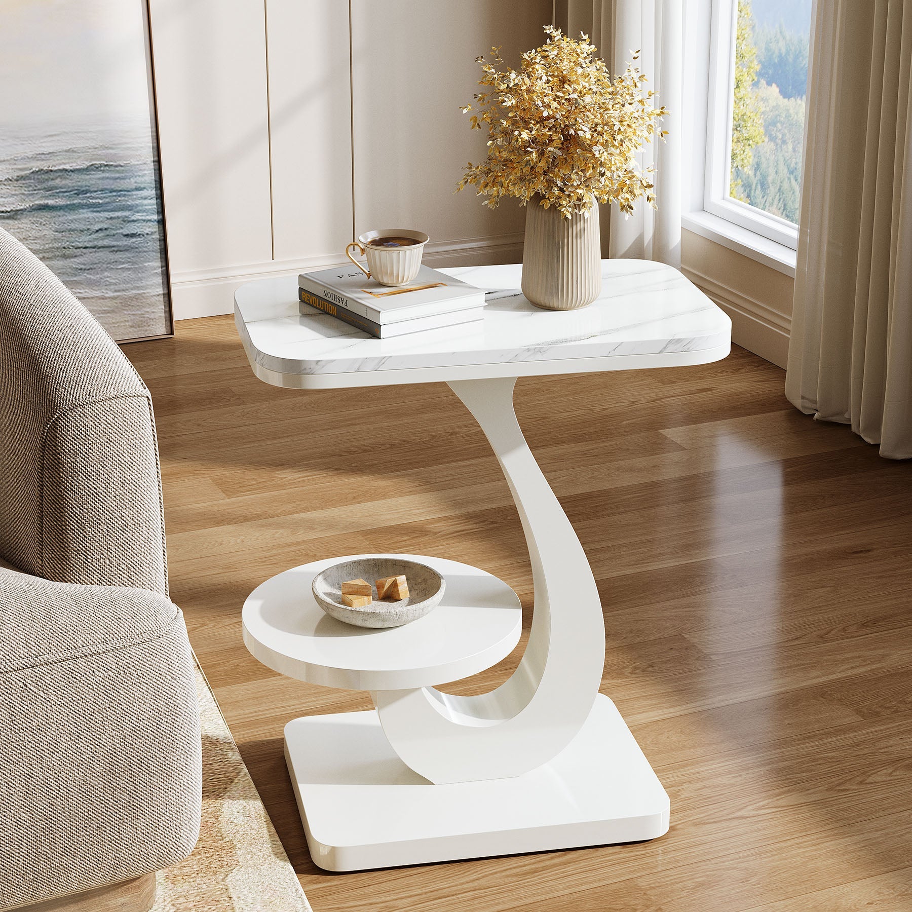 50 cm C-vormig Eindtafeltje met Marmerlook Blad, Modern 2-laags Bijzettafeltje voor Bank en Slaapkamer