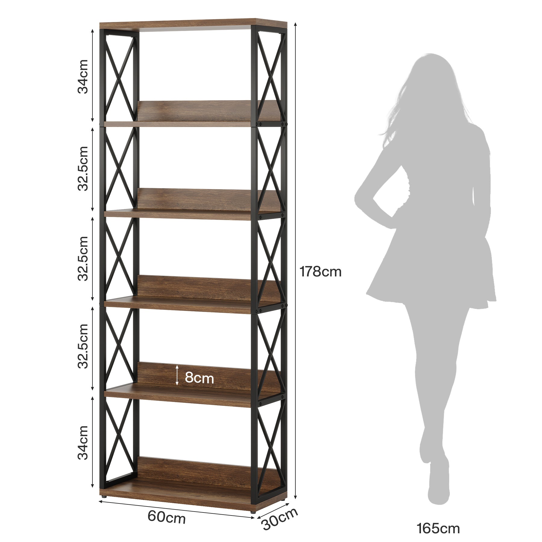 Tribesigns Industriële Boekenkast 178 cm, Open Kast met 6 Planken