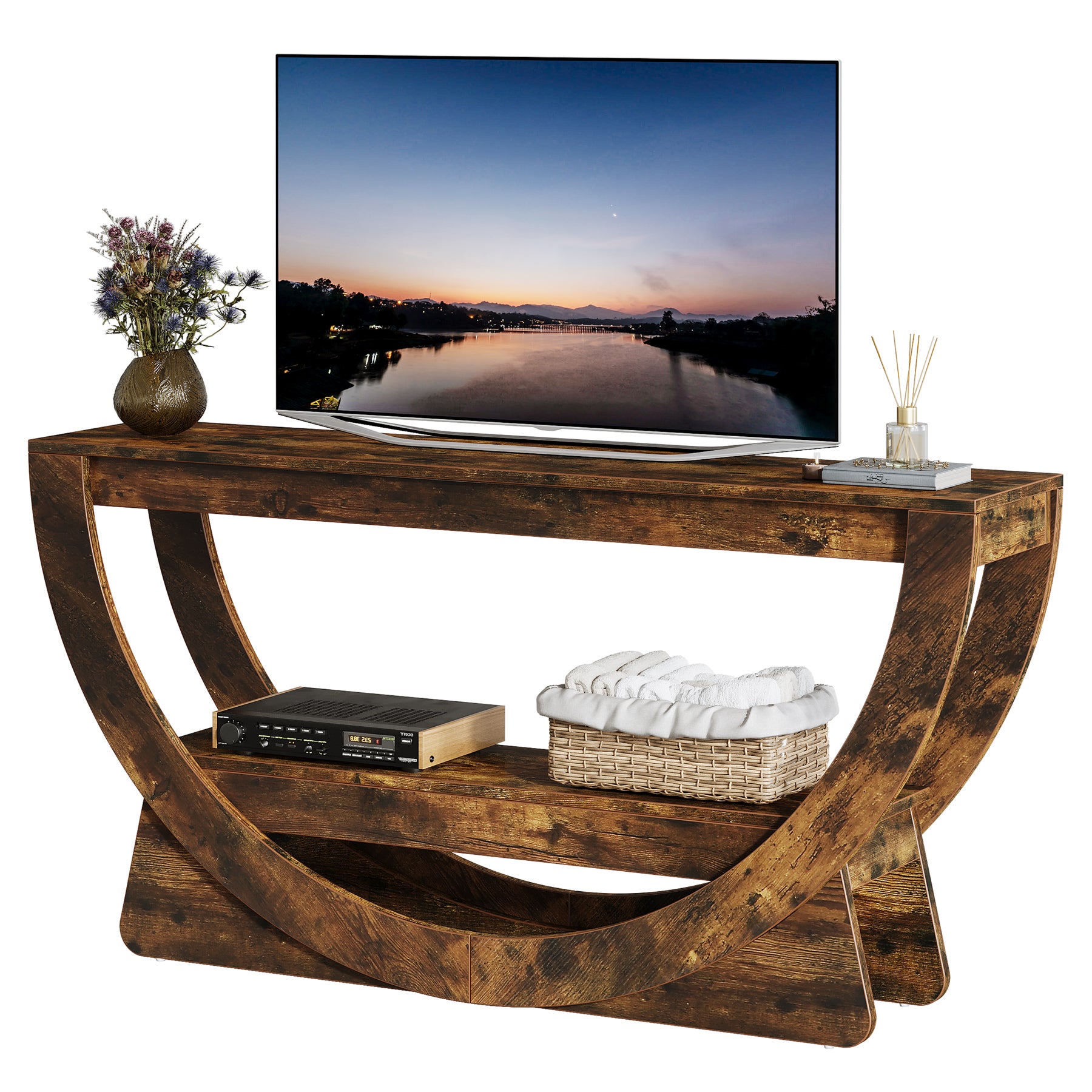 160 cm TV-meubel voor 75 inch TV's, Landelijke Houten Mediaconsole met Open Gewelfde Plank