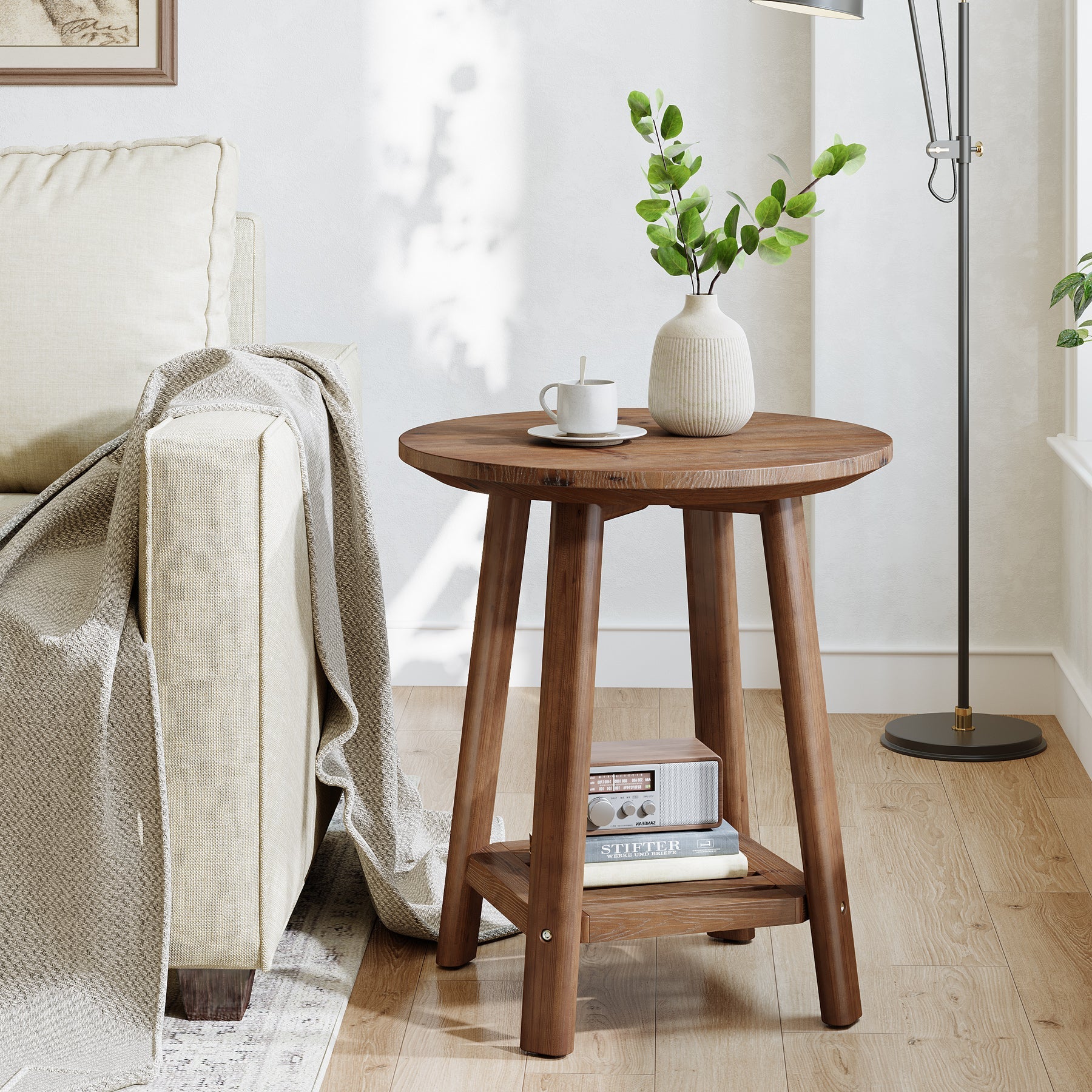 60 cm ronde massief houten bijzettafel, 2-laags landelijke opbergplank in walnootkleur