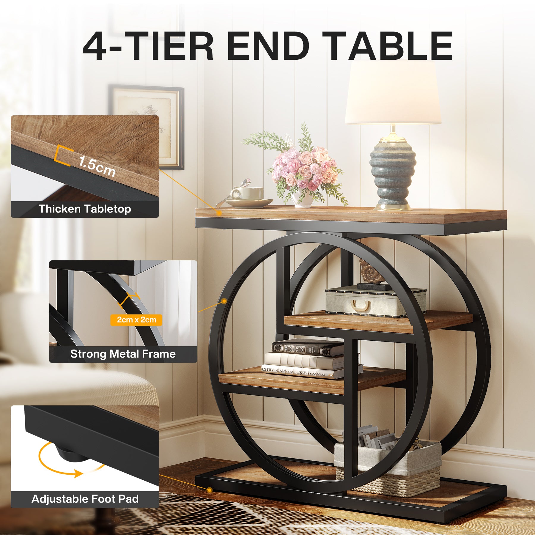 60 cm Industriële Bijzettafel, Vierplanken Opbergmeubel in Rustiek Bruin