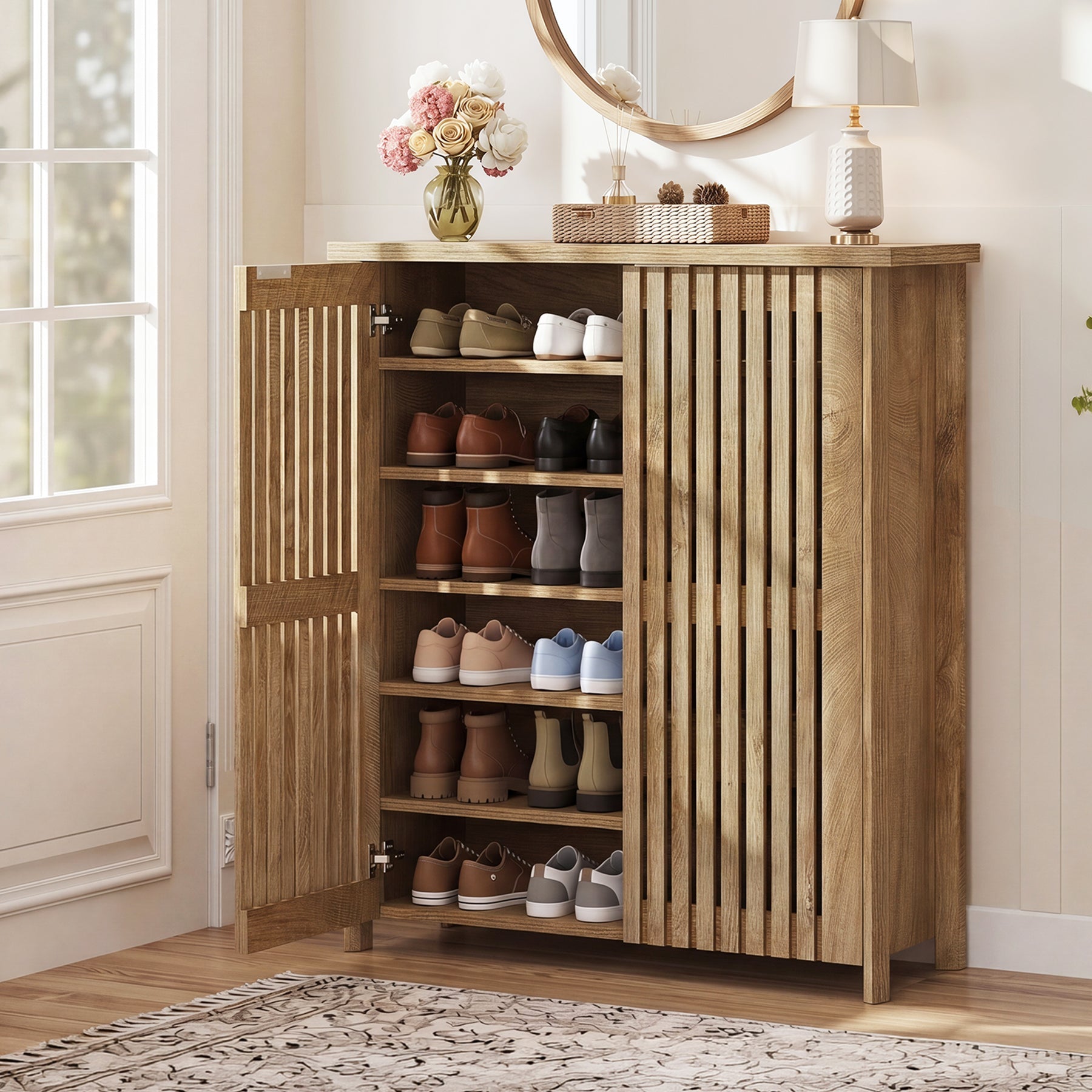 Tribesigns 80 × 35 × 111 cm schoenenkast met 2 lamellendeuren, schoenenrek met 6 niveaus voor de hal