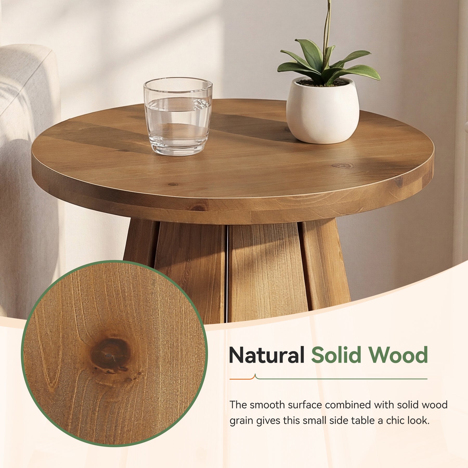 Tribesigns 50 cm ronde houten bijzettafel, massief houten zijtafel met uitlopende voet voor woonkamer