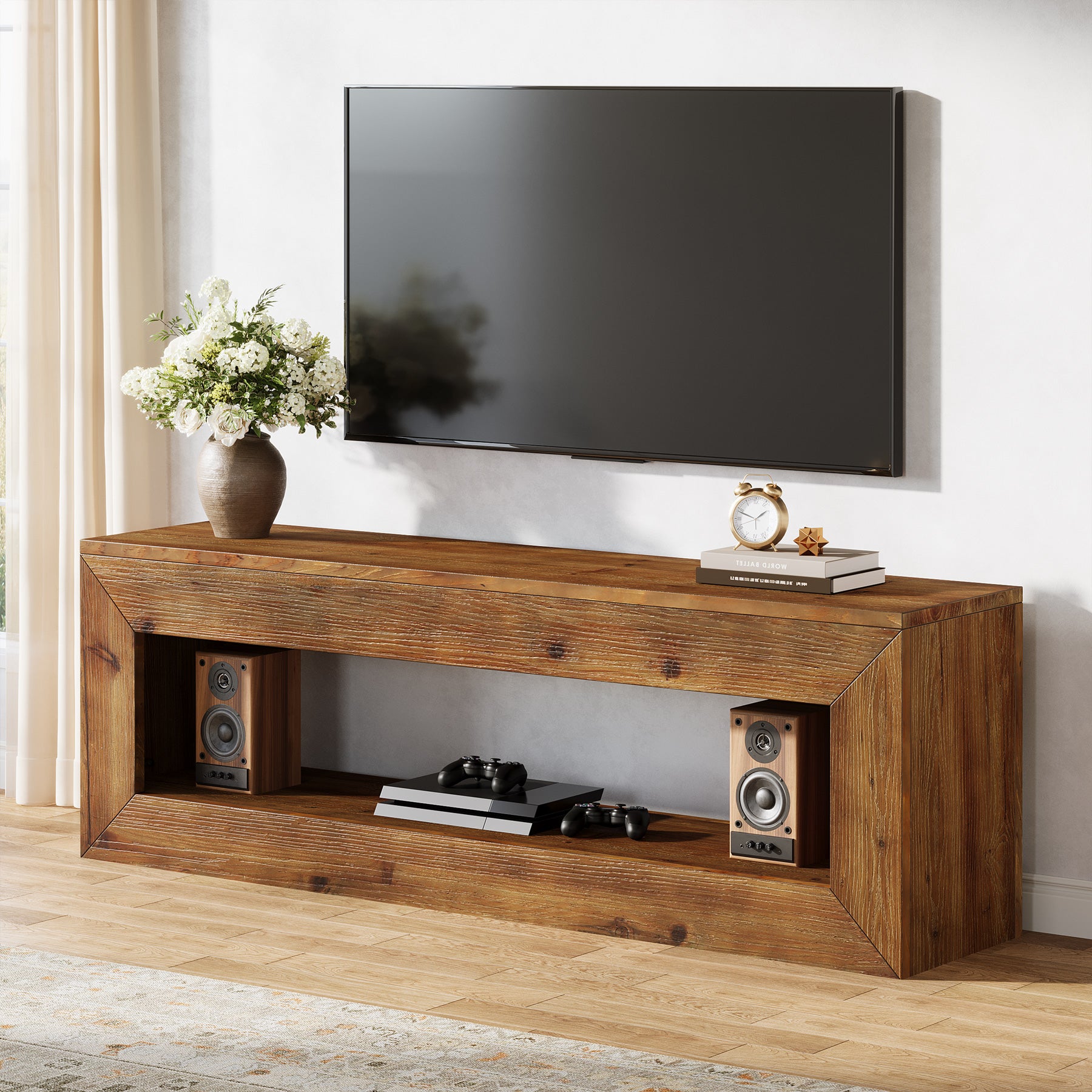 120 cm Tribesigns massief houten tv-meubel met opbergruimte, landelijke lage mediakast voor woonkamer en slaapkamer