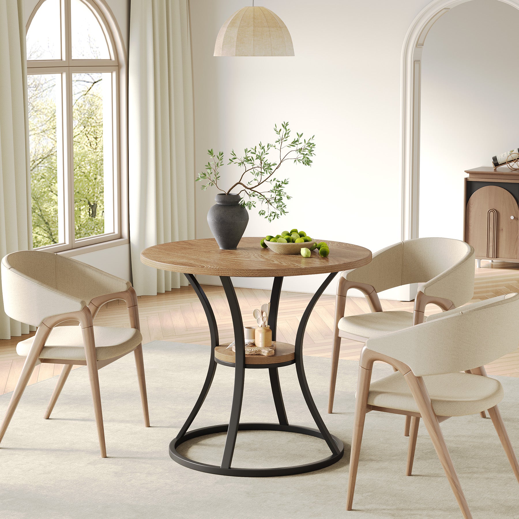 80 cm Ronde Eettafel met Metalen Voet en Opbergruimte, Kleine Keukentafel voor 2–4 Personen
