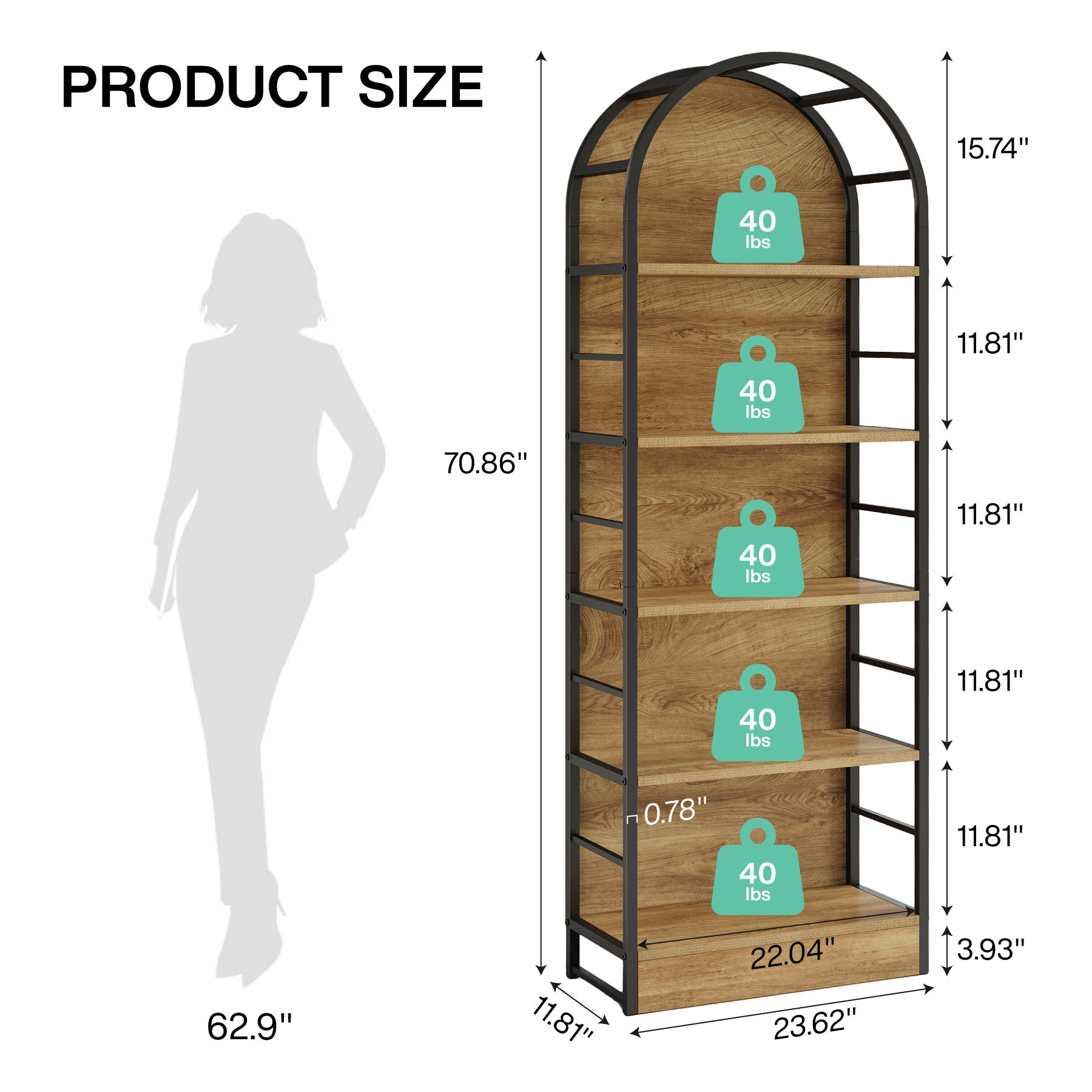 180 cm Boog Boekenkast met 5 Niveaus, Industrieel Open Rek met Metaal Frame voor Woonkamer