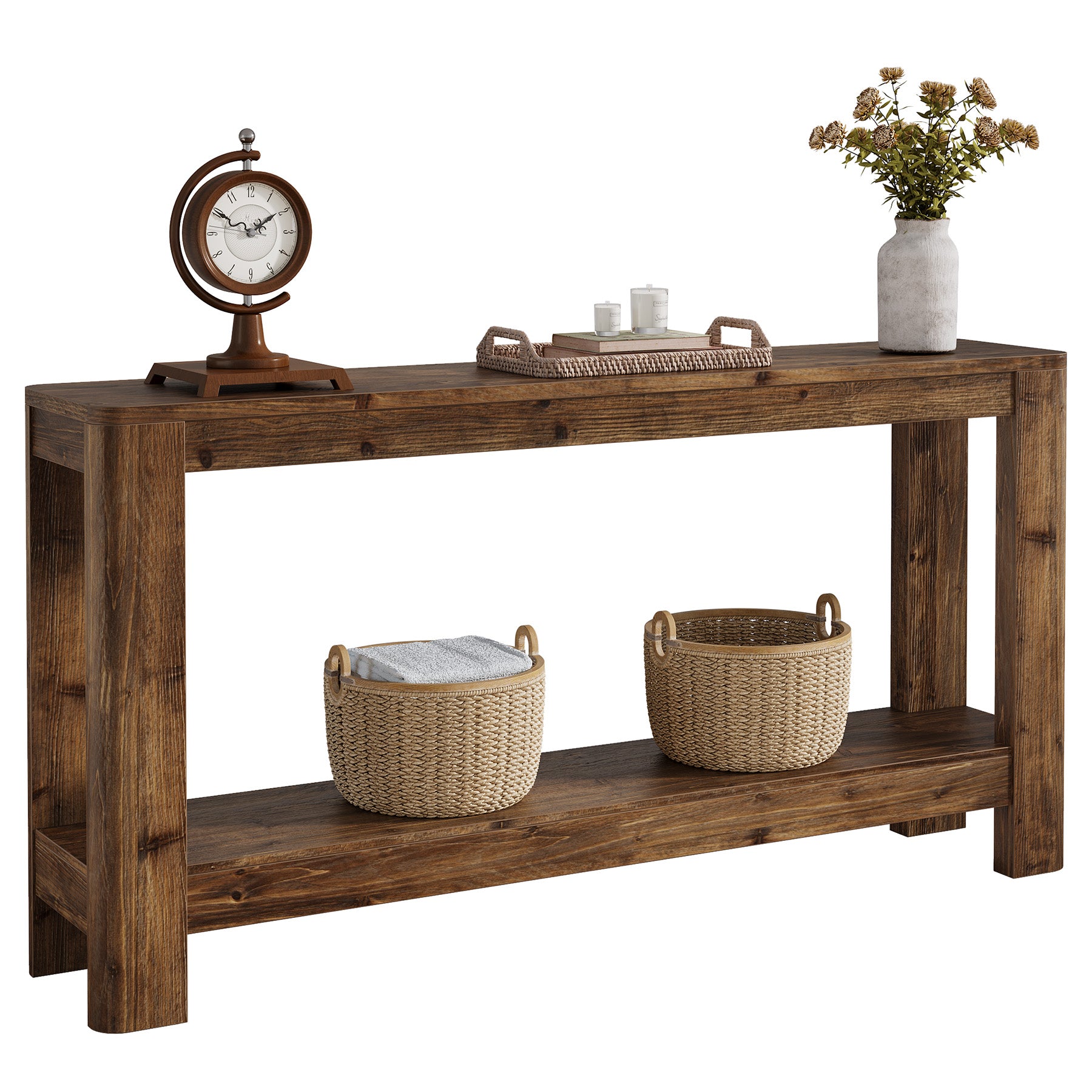160 cm Massief Houten Consoletafel, Smalle Farmhouse Sidetable met Rek
