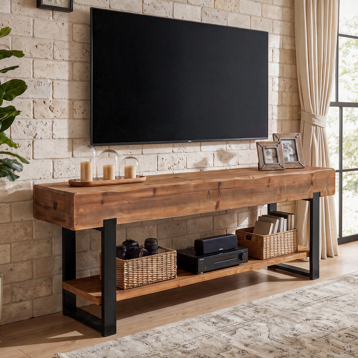 Tribesigns 160 cm tv-meubel van massief hout met 2-laags opbergrek en metalen frame, landelijke tv-kast voor woonkamer