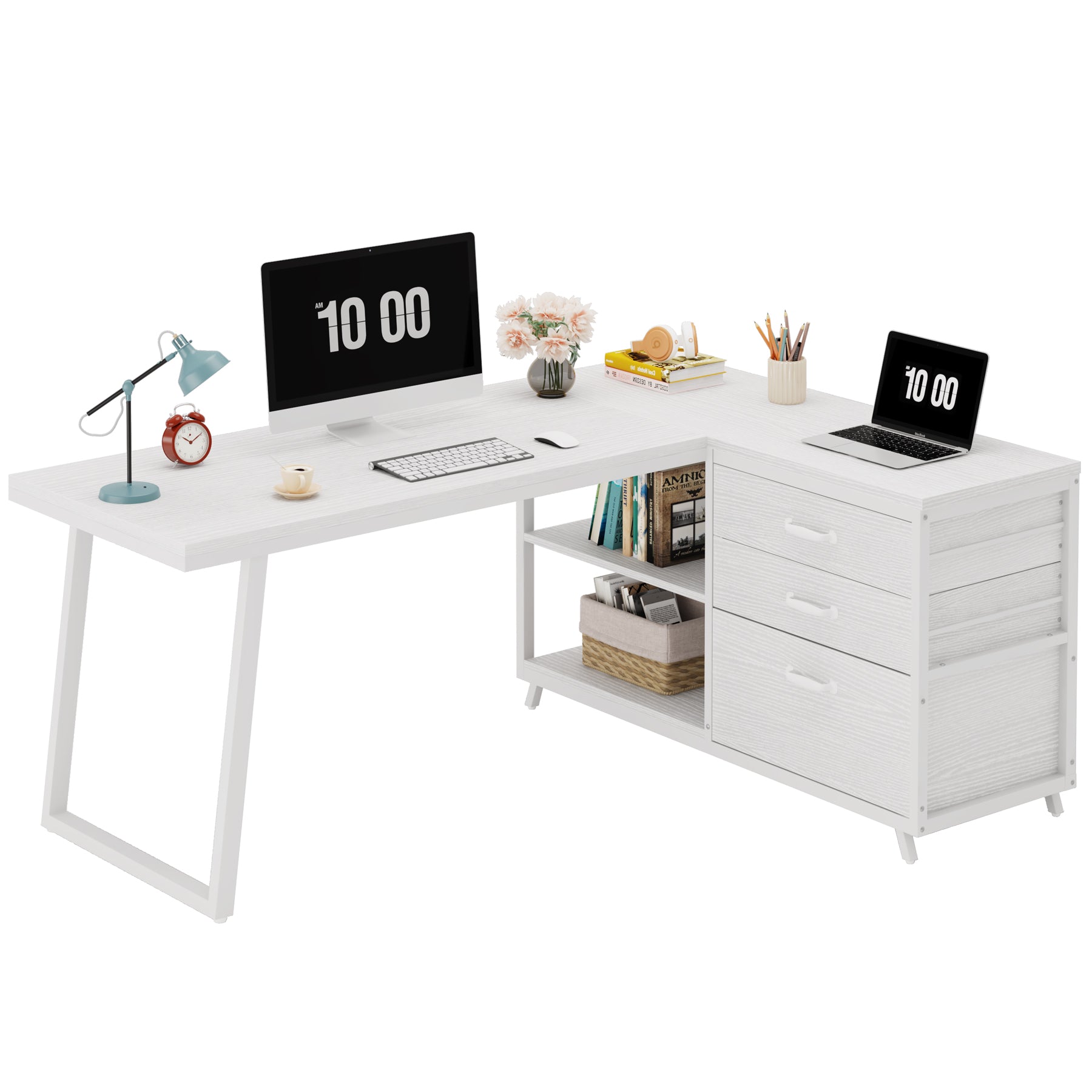 L-Vormig Computerbureau 133cm met 3 Laden, Industrieel Ontwerp voor Kantoor en Studie