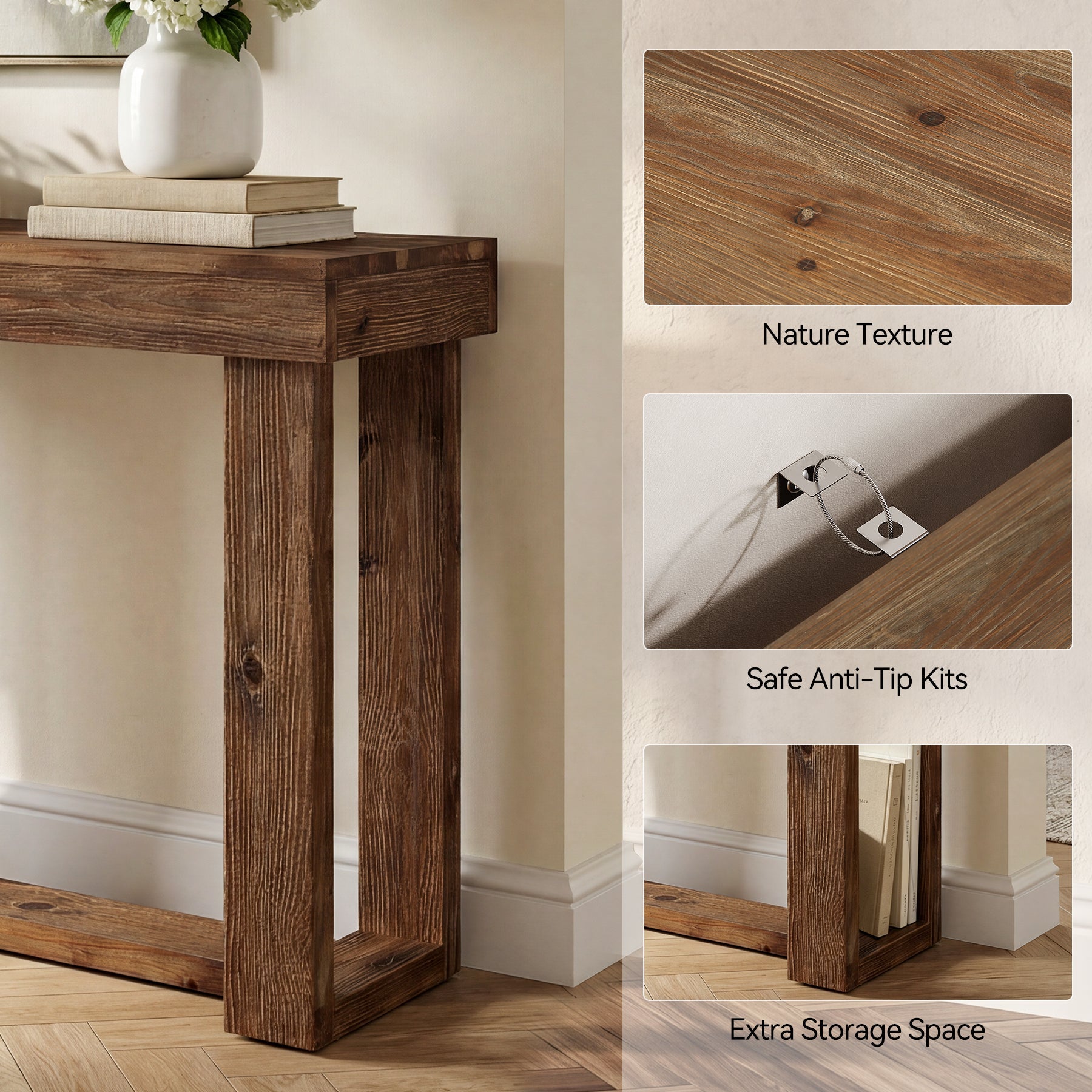 160 cm massief houten consoletafel, landelijke bank- en entree tafel voor de woonkamer