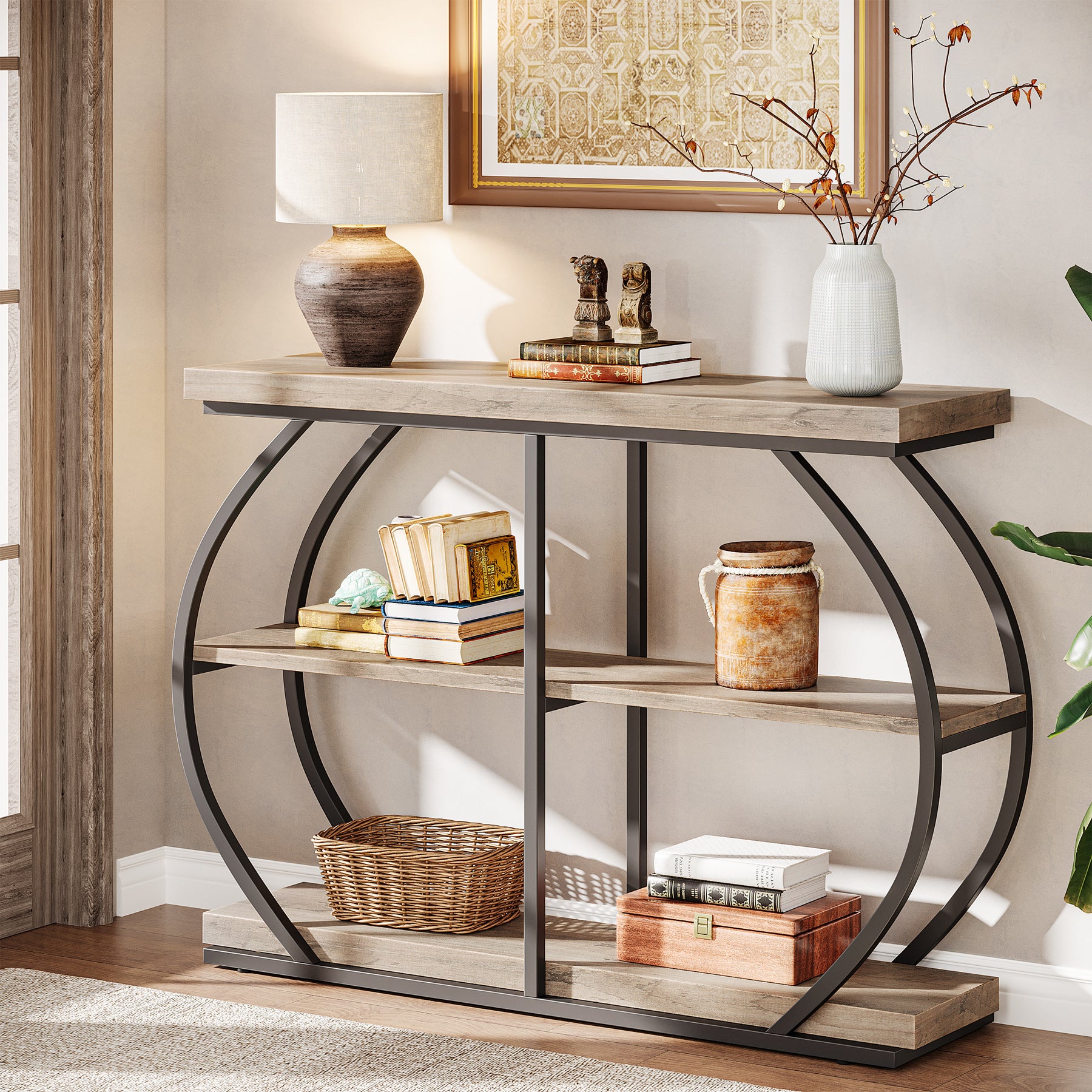 105 cm Industriële Consoletafel met 3 Planken, Gebogen Metalen Frame voor Woonkamer en Hal