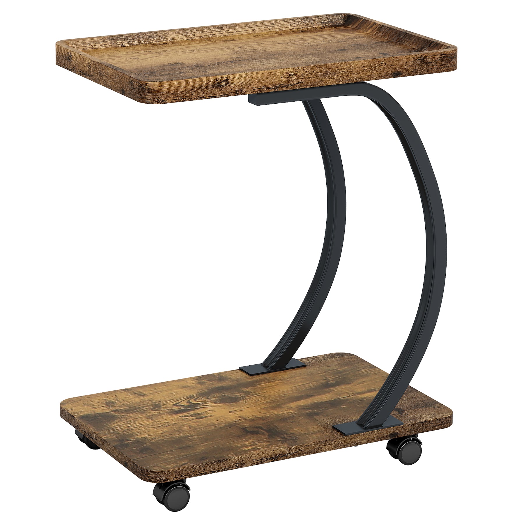 Industriële C-vormige Bijzettafel met Wieltjes in Rustiek Bruin, Houten 2-Lagen Tafeltje met Metalen Frame