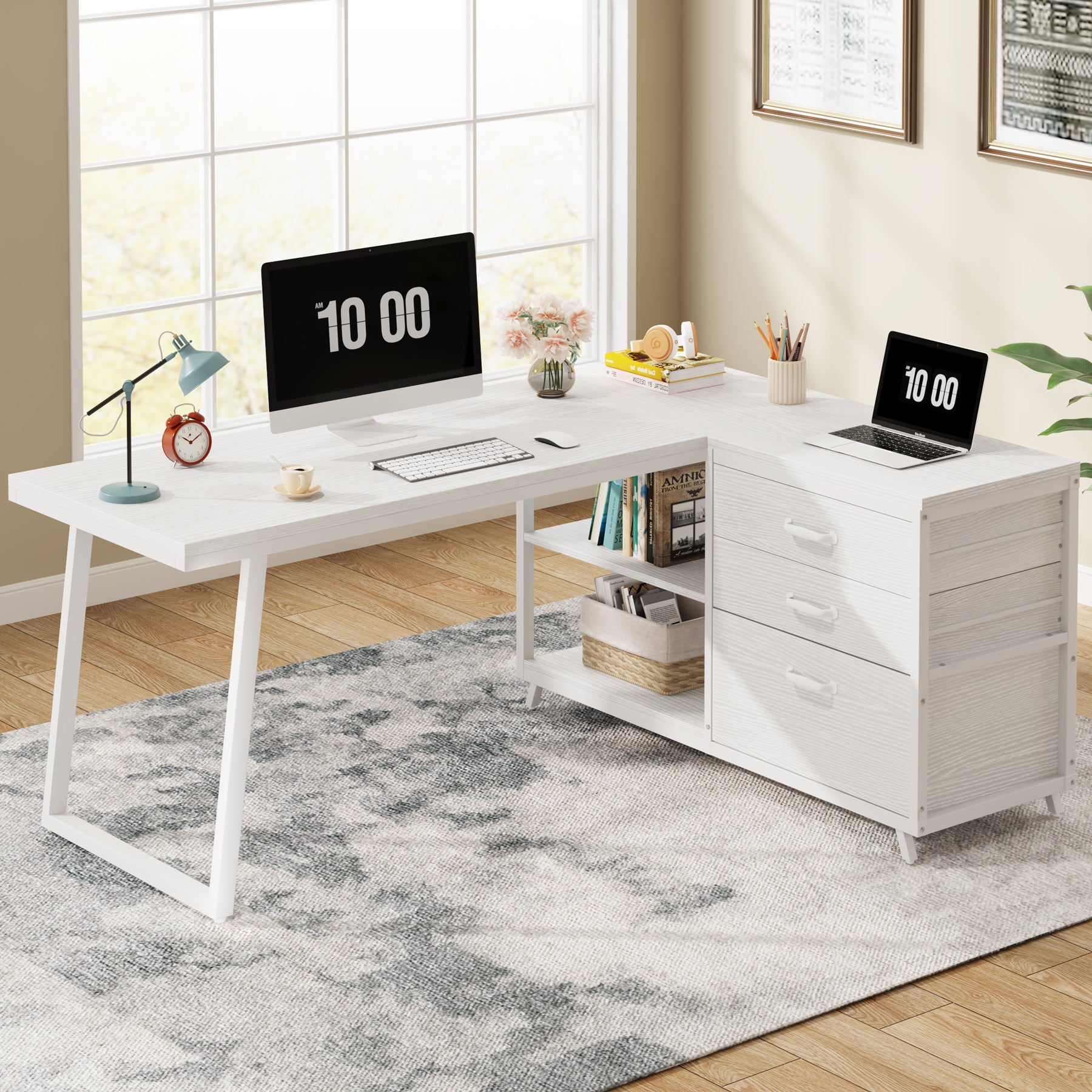 L-Vormig Computerbureau 133cm met 3 Laden, Industrieel Ontwerp voor Kantoor en Studie