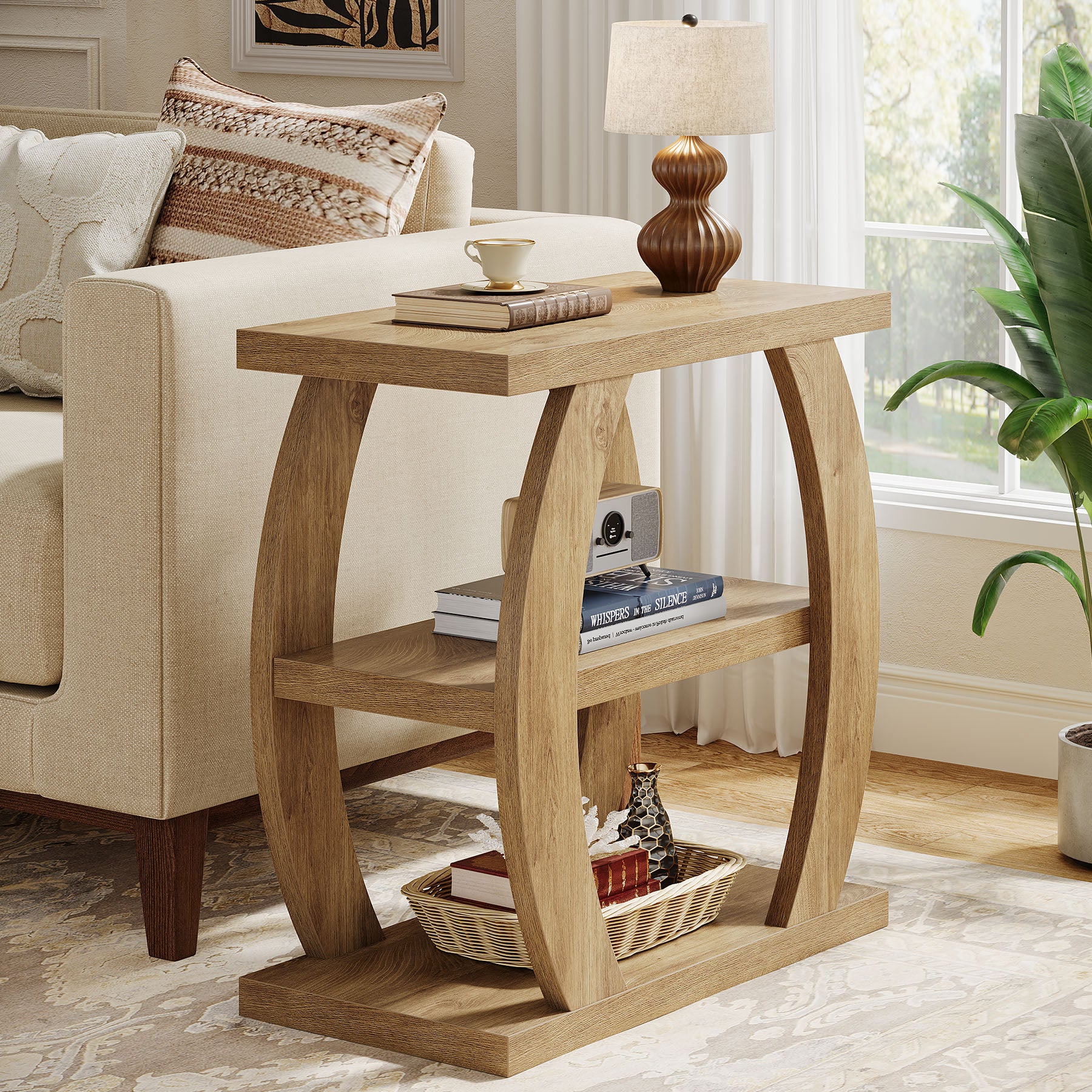 80 cm Hoge Bijzettafel voor Woonkamer, 3-Tier Smalle Tafel met Opbergruimte