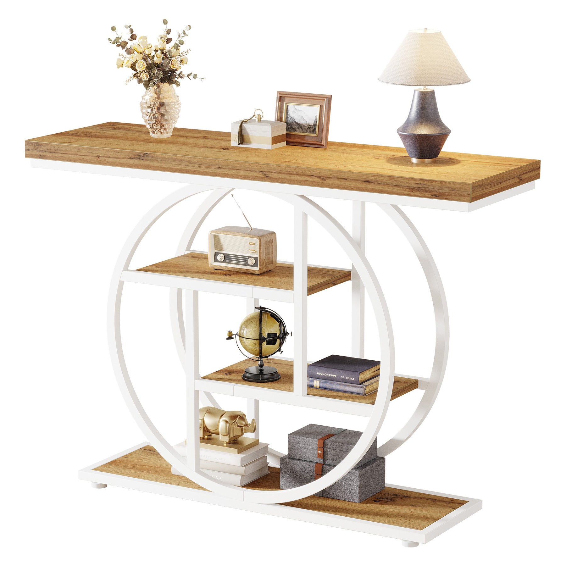 105 cm Industriële Console, 4 Planken met Ronde Basis voor Hal en Woonkamer