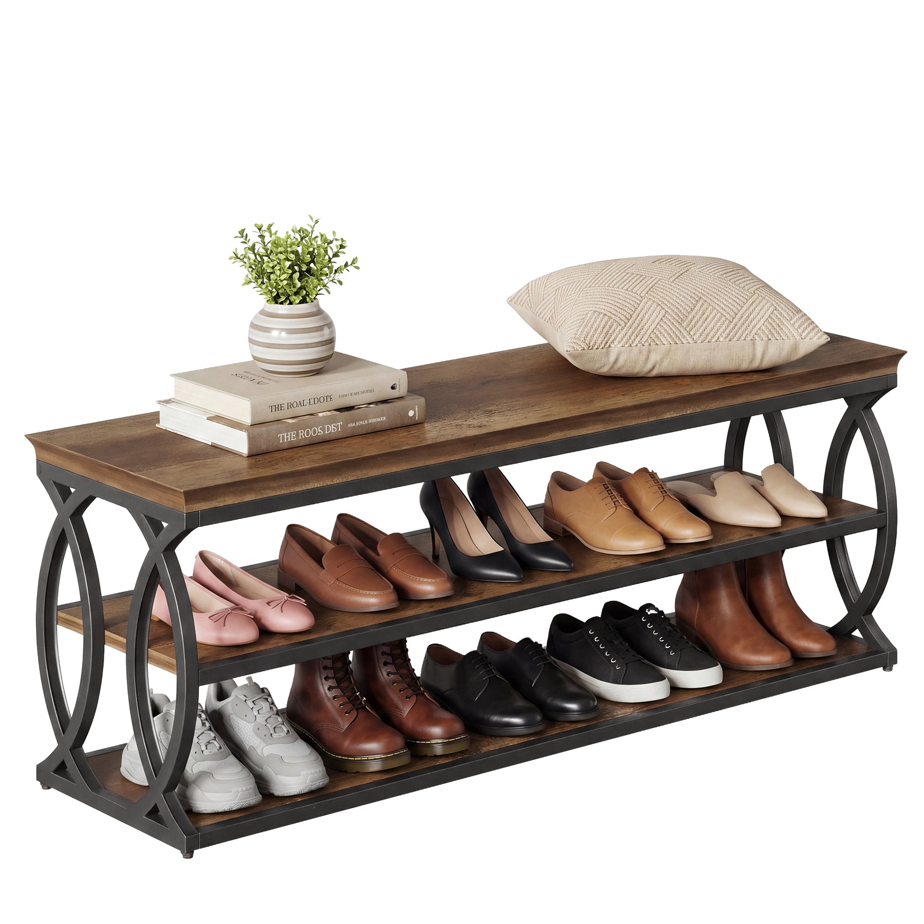 120 cm Schoenenbank, 3-Laags Schoenenrek met Metalen Frame