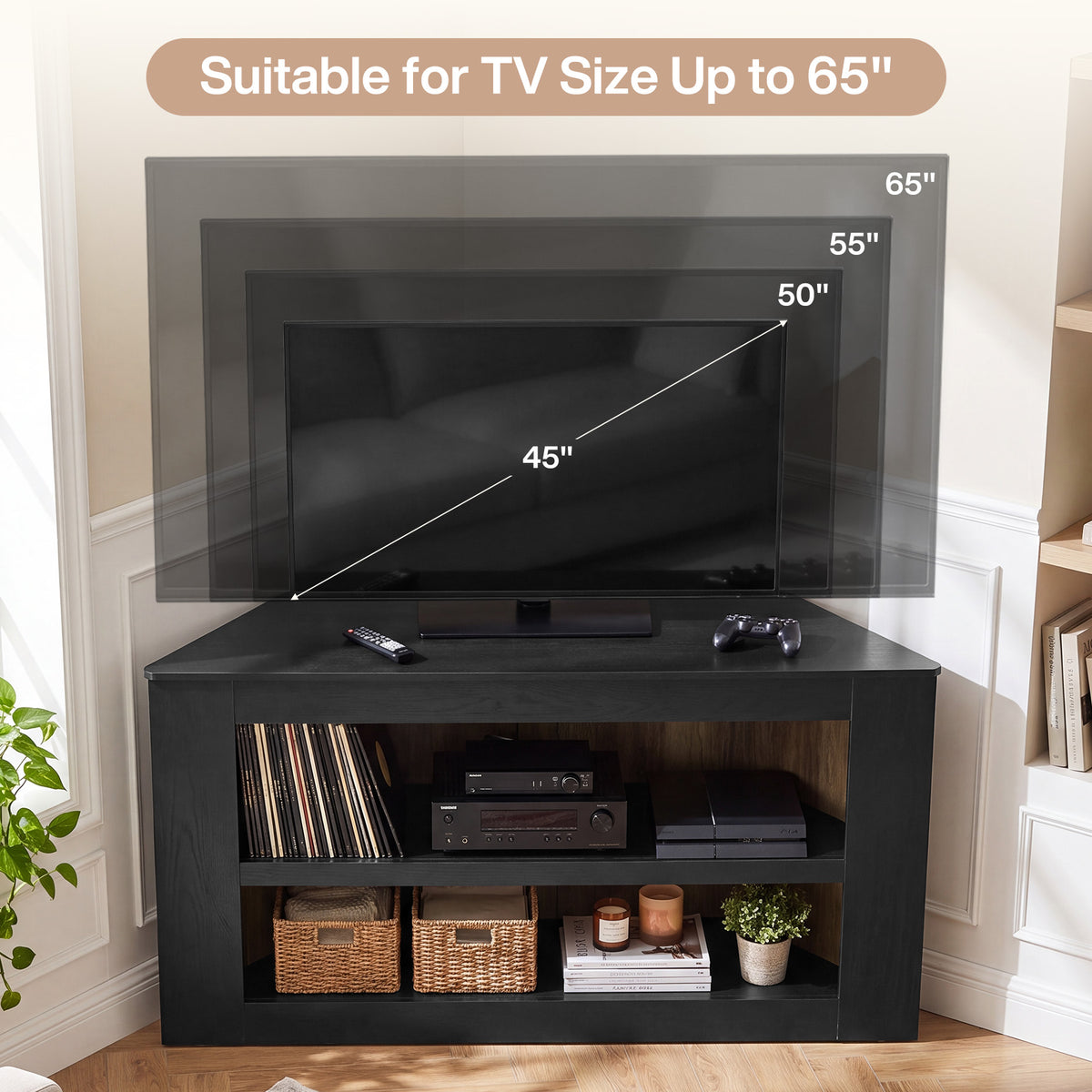 Tribesigns 150 cm hoek tv-meubel met 2-laags open opbergruimte en trapeziumvorm, moderne tv-kast voor woonkamer en slaapkamer