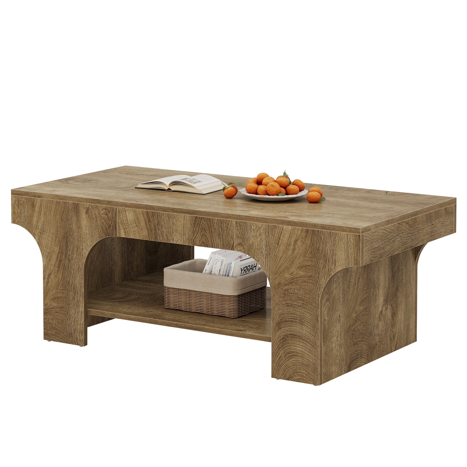 120 cm Rechthoekige Salontafel met 2 Niveaus, Landelijke Houten Tafel met Opbergruimte voor Woonkamer