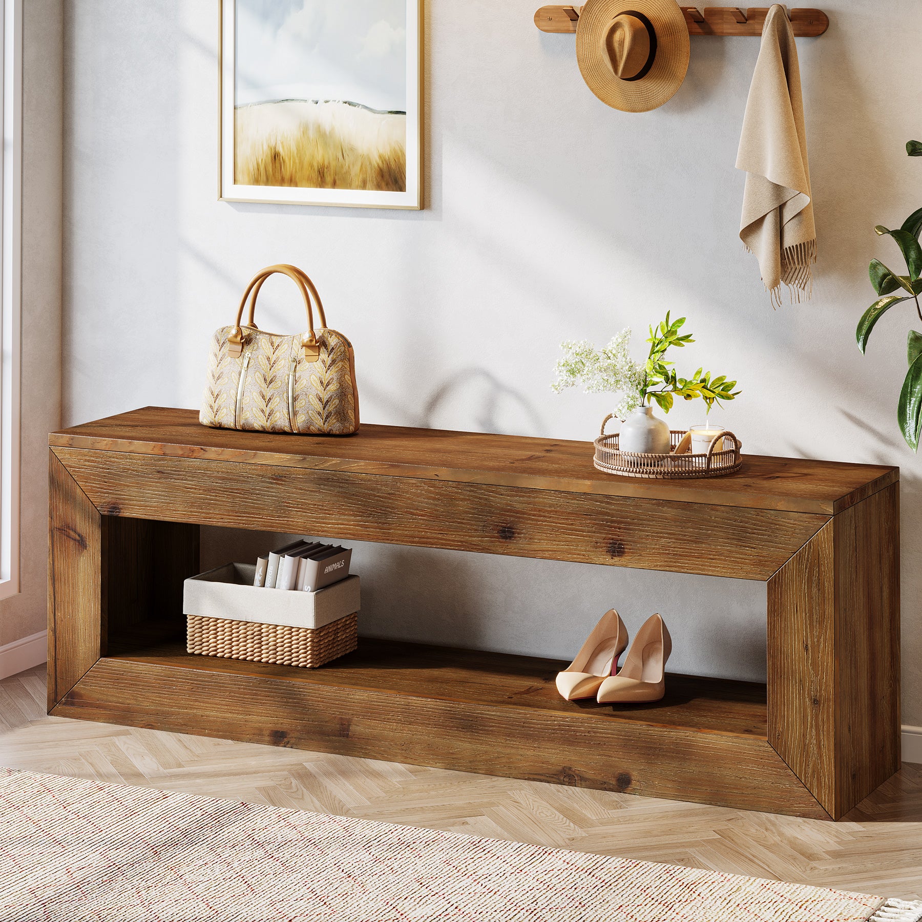 120 cm massief houten halbank met opbergplank, landelijke zitbank voor entree en hal