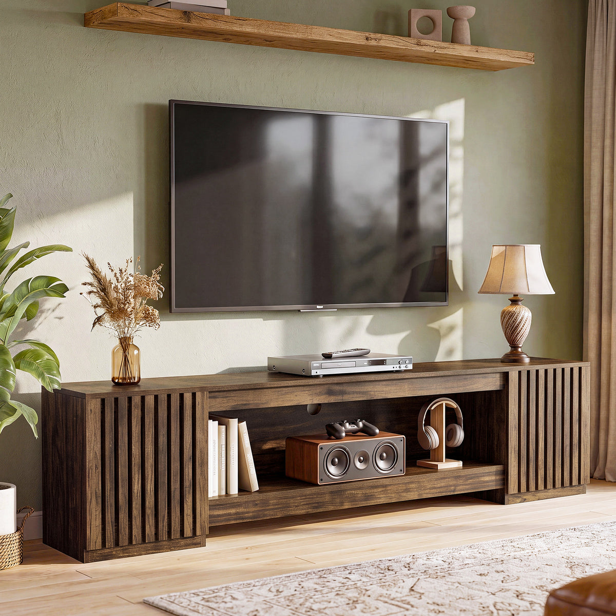 Tribesigns 199 cm tv-meubel voor 85 inch tv met verborgen opbergruimte en open plank, landelijke tv-kast voor woonkamer