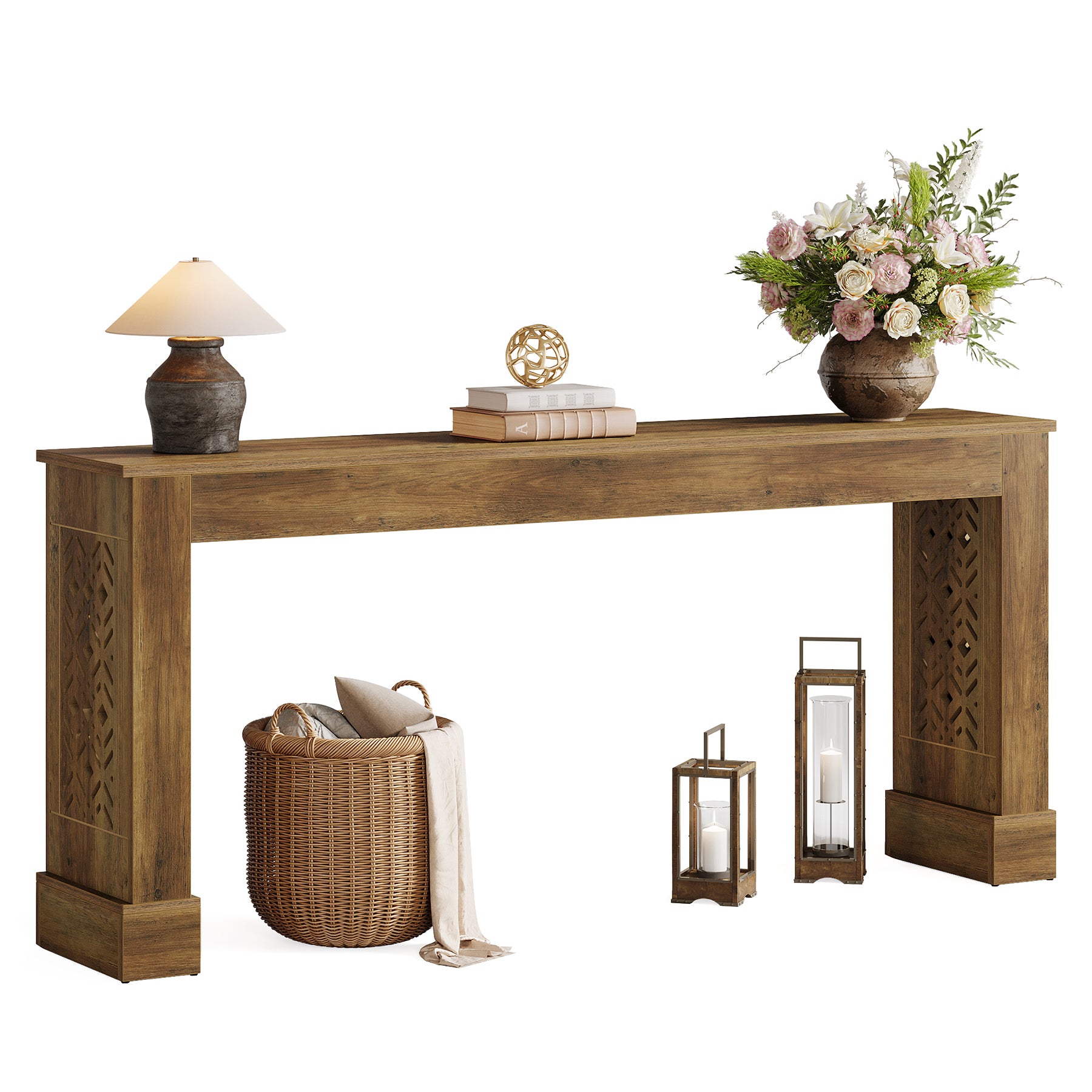 160 cm Landelijke Consoletafel voor Entree en Hal, Industriële Houten Haltafel Bruin