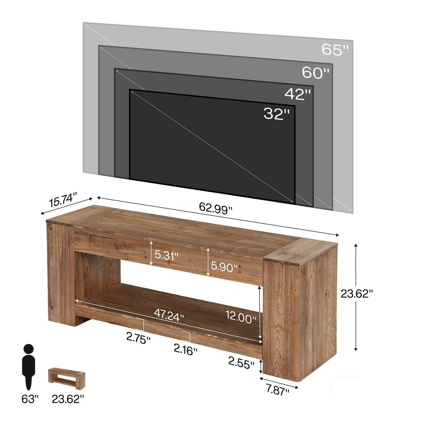 Tribesigns massief houten tv-meubel 160 cm voor tv’s tot 75 inch, landelijke tv-kast met open opbergvak
