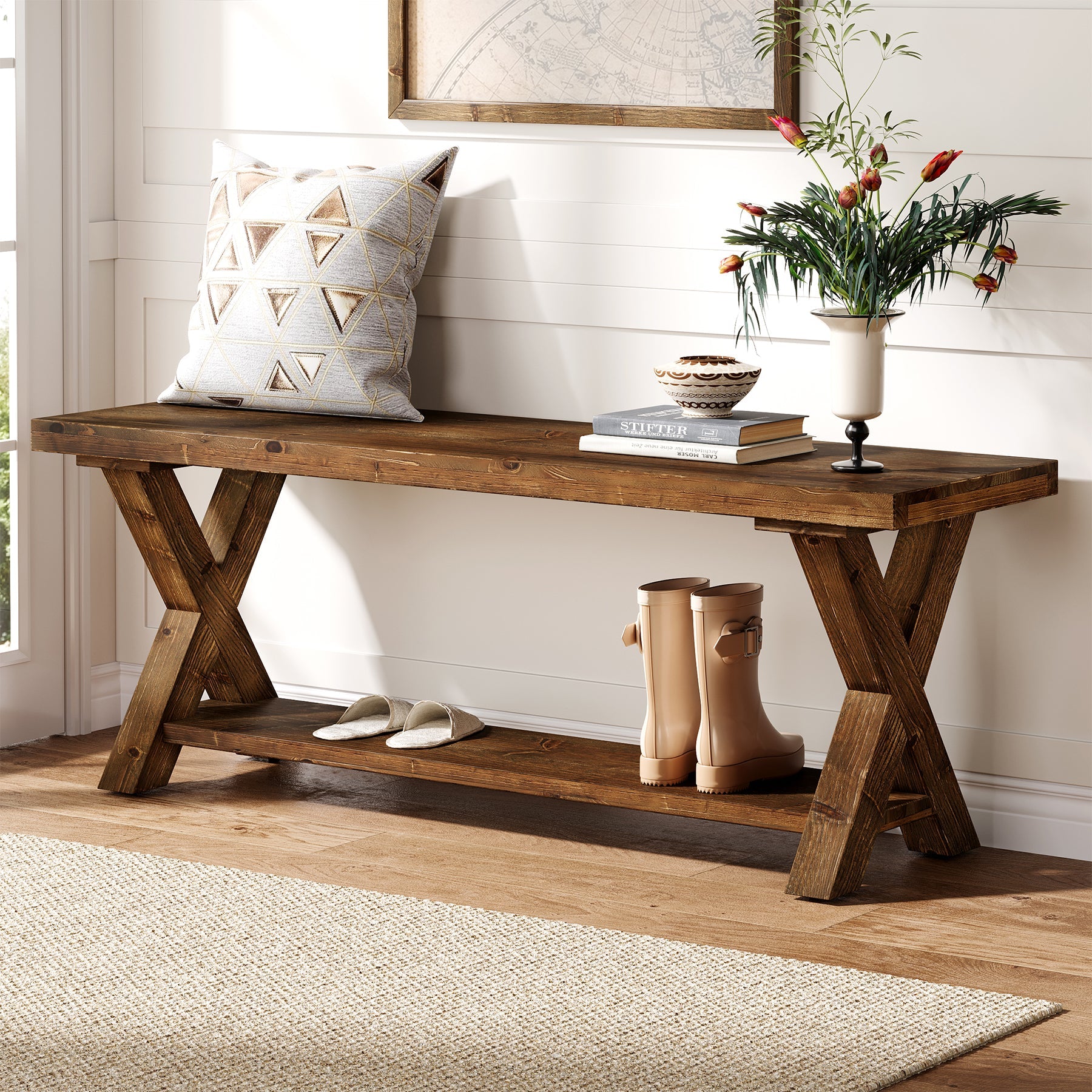 110 cm massief houten bank, landelijke halbank met opbergplank