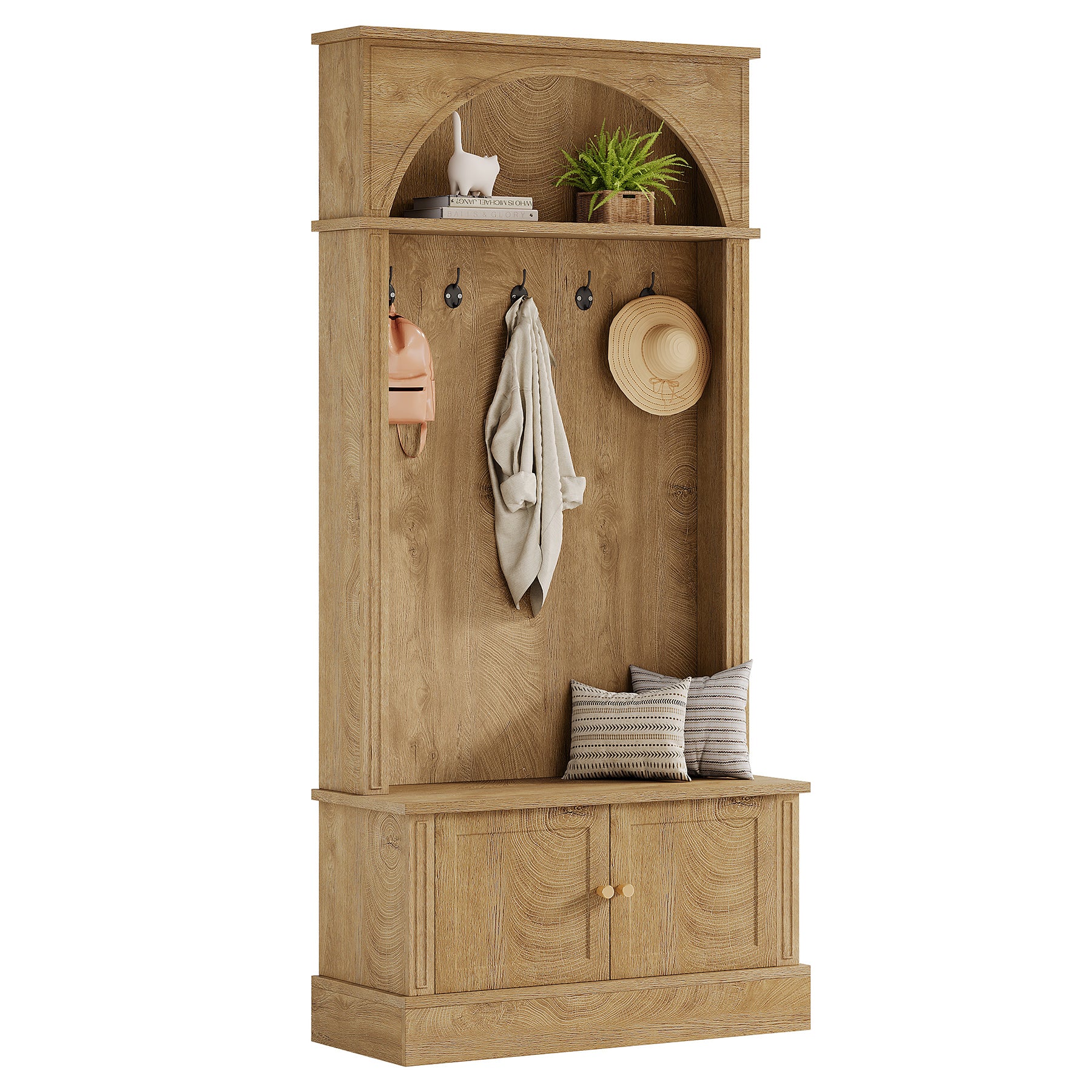 179,7 cm Kapstok met Schoenenbank en Opbergruimte, Halmeubel met Haken en Verstelbare Plank voor Entree