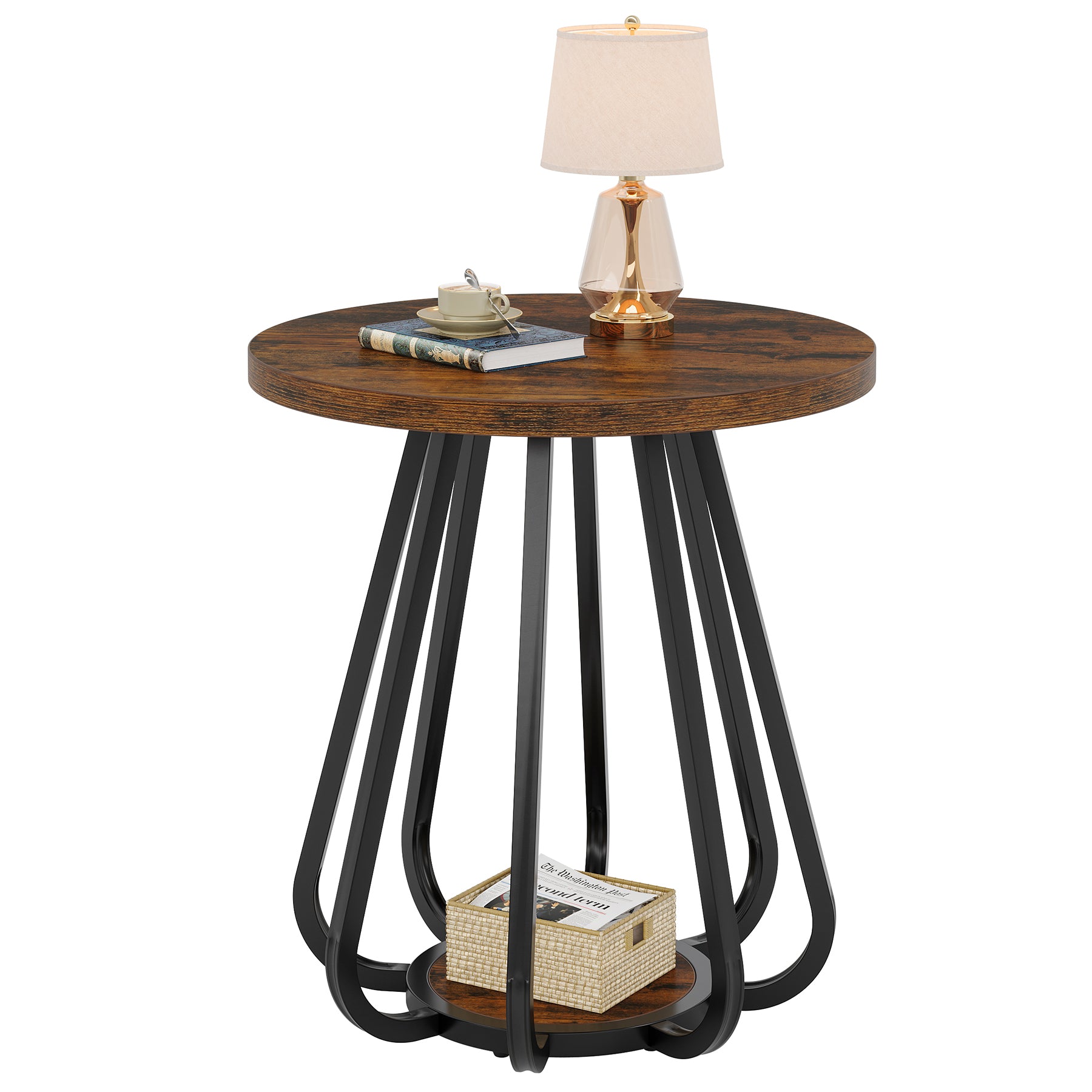 Kleine Ronde Bijzettafel, 2-Traps Salontafel met Metaal en Houten Plank voor Kleine Ruimtes