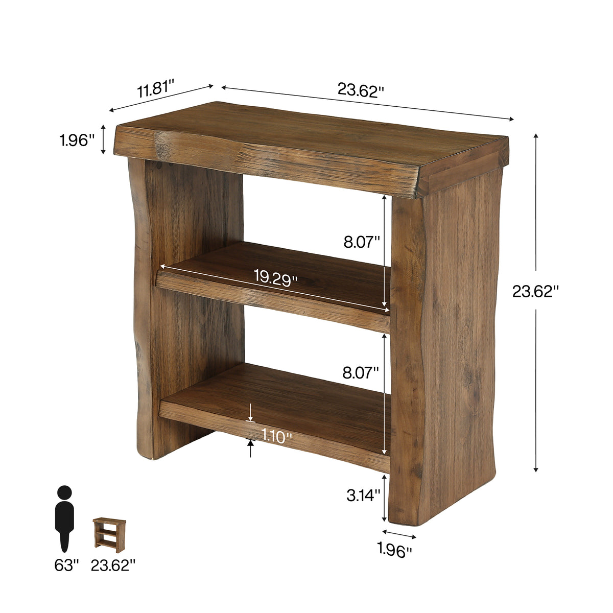 60 cm Tribesigns massief houten bijzettafel met 3 niveaus, smalle tafel met golvende randen voor de woonkamer