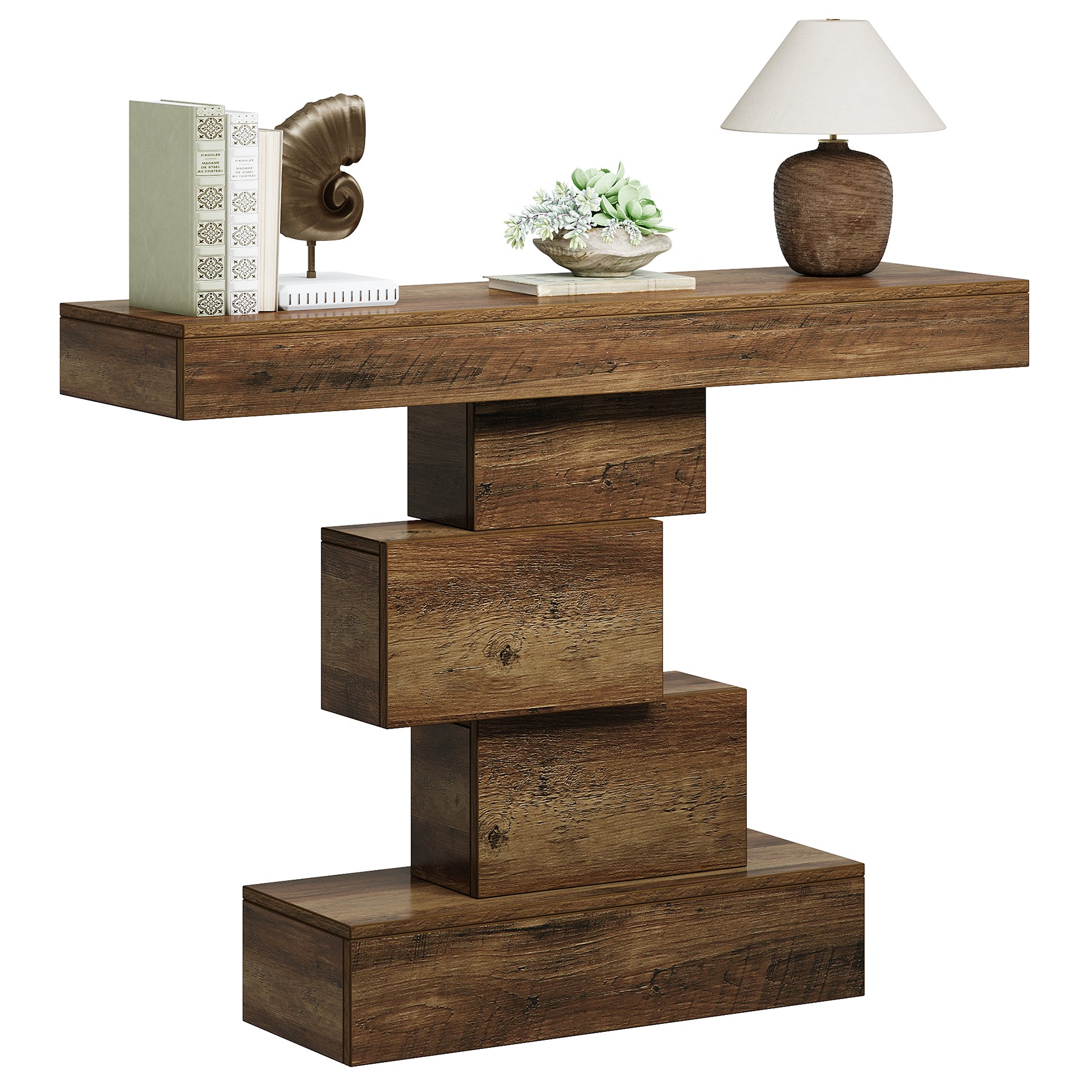 108 cm Landelijke Console, Industriële Bijzettafel met Geometrische Basis voor Hal en Woonkamer