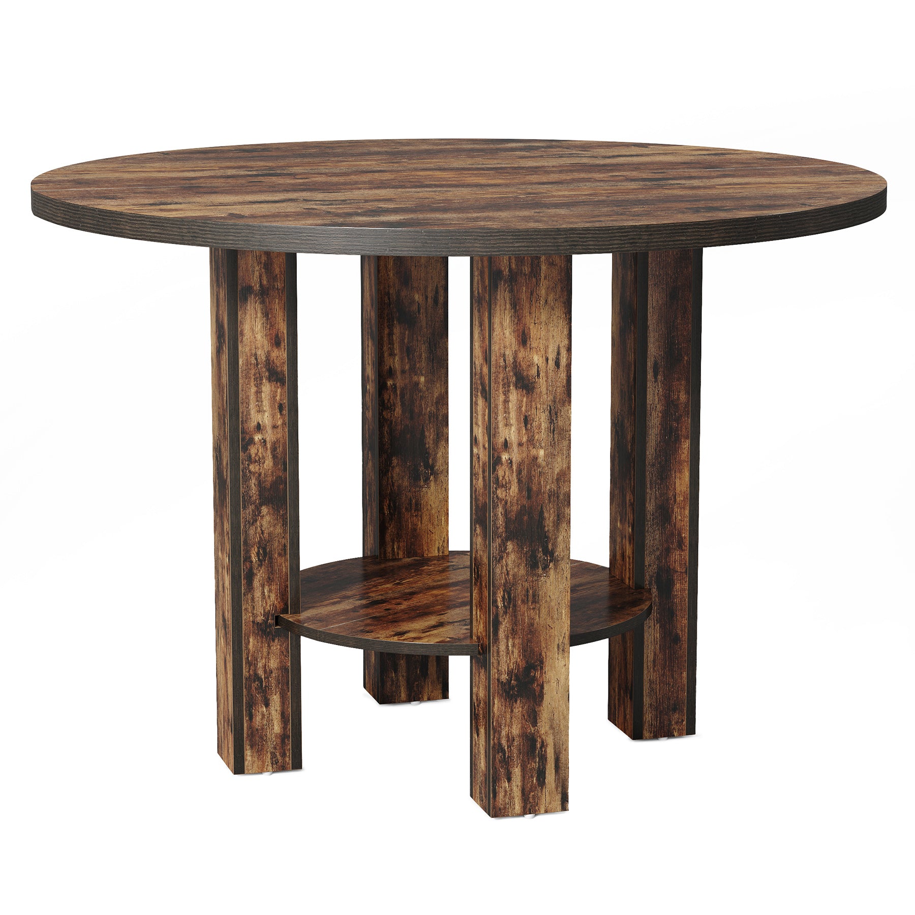 99 cm Ronde Eettafel voor 4 Personen, Landelijke Keukentafel met 2-Laags Opbergrek in Rustiek Bruin