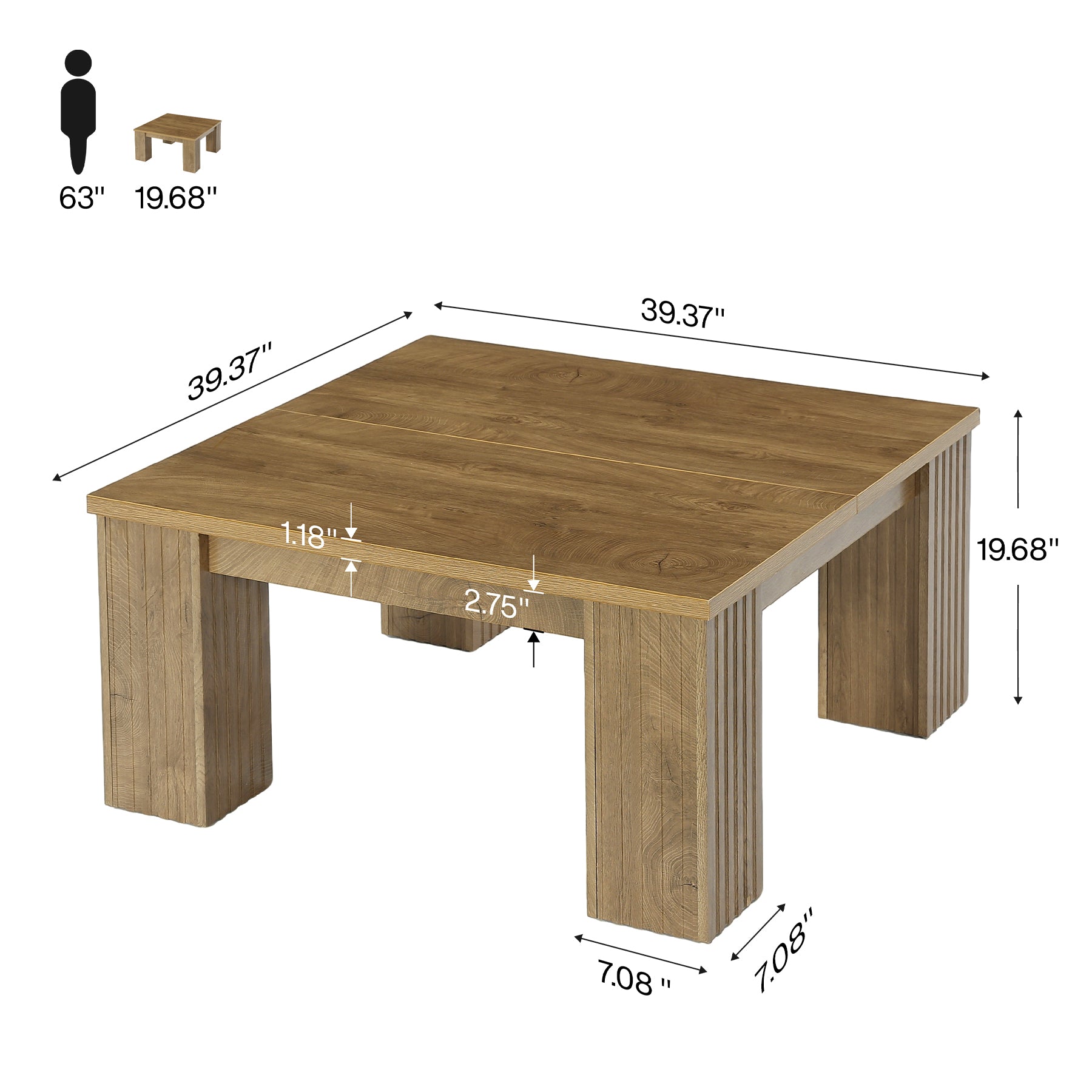 100 cm Vierkante Salontafel met Gefreesde Poten, Landelijke Houten Tafel voor Woonkamer