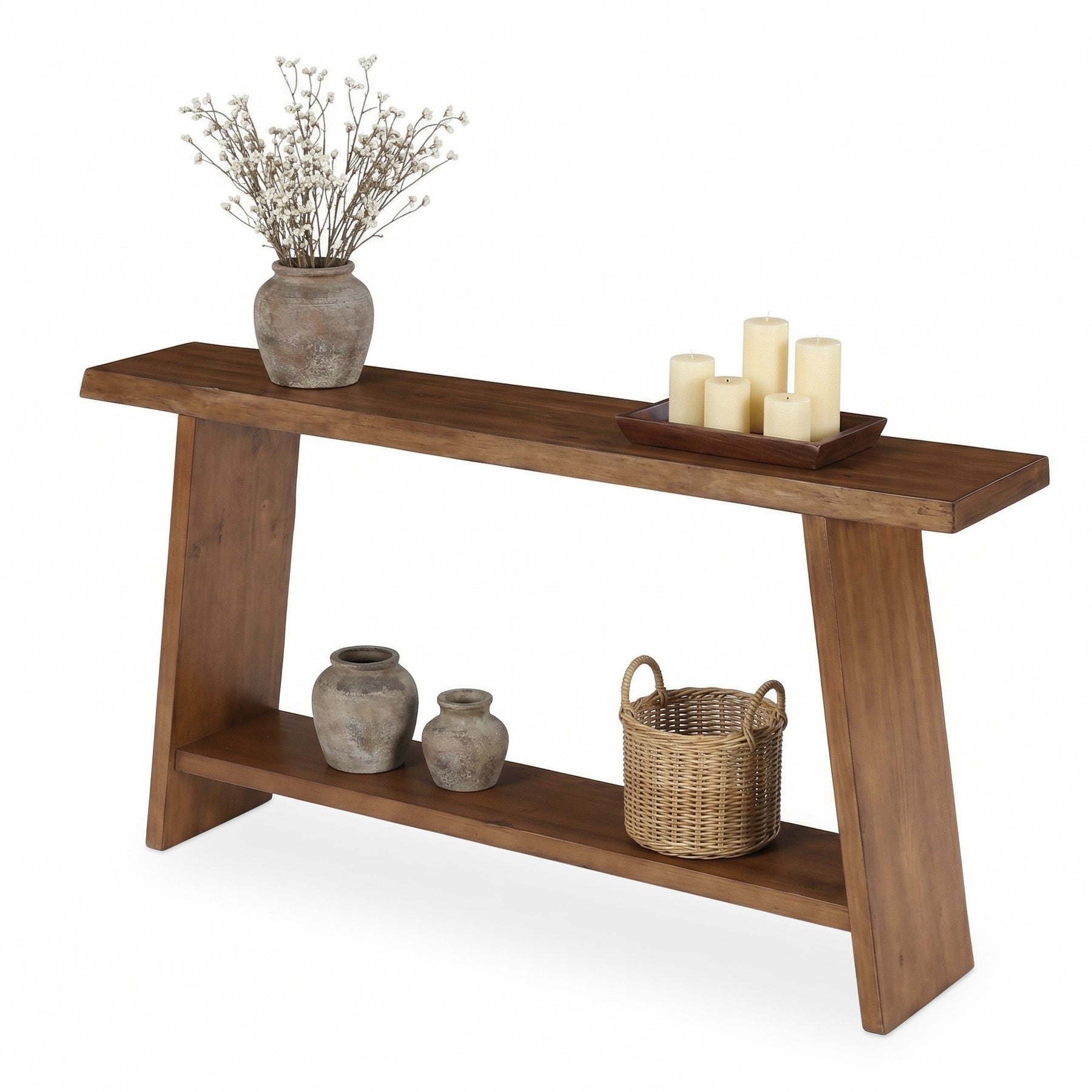 160 cm Massief Houten Consoletafel, 2-Laagse Sidetable voor Hal